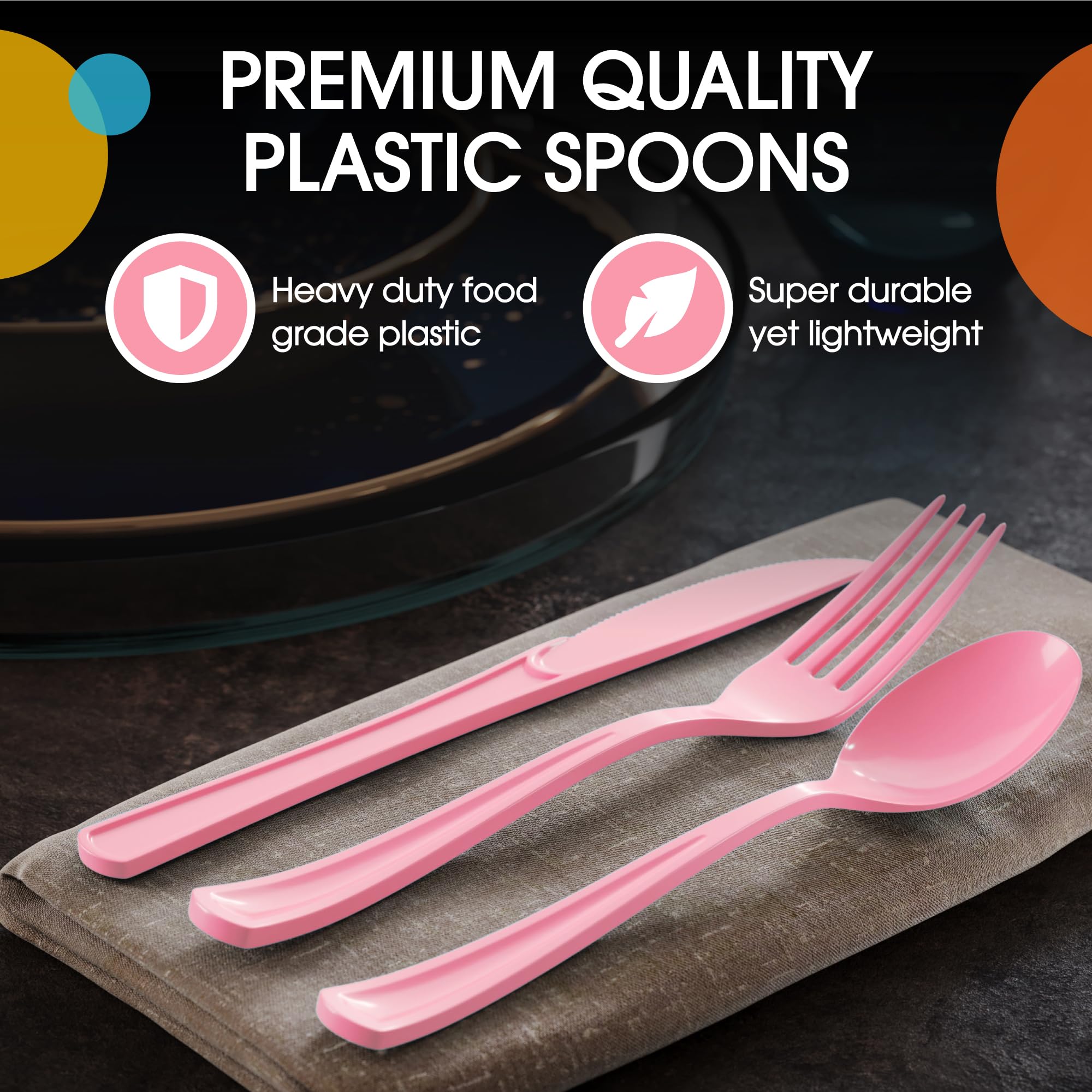 50 Pack Heavy Duty Pink Plastic Spoons - Disposable Cutlery Set for Parties, Picnics, BBQs & Events - Durable Flatware & Silverware for Home, Office & Outdoor Dining