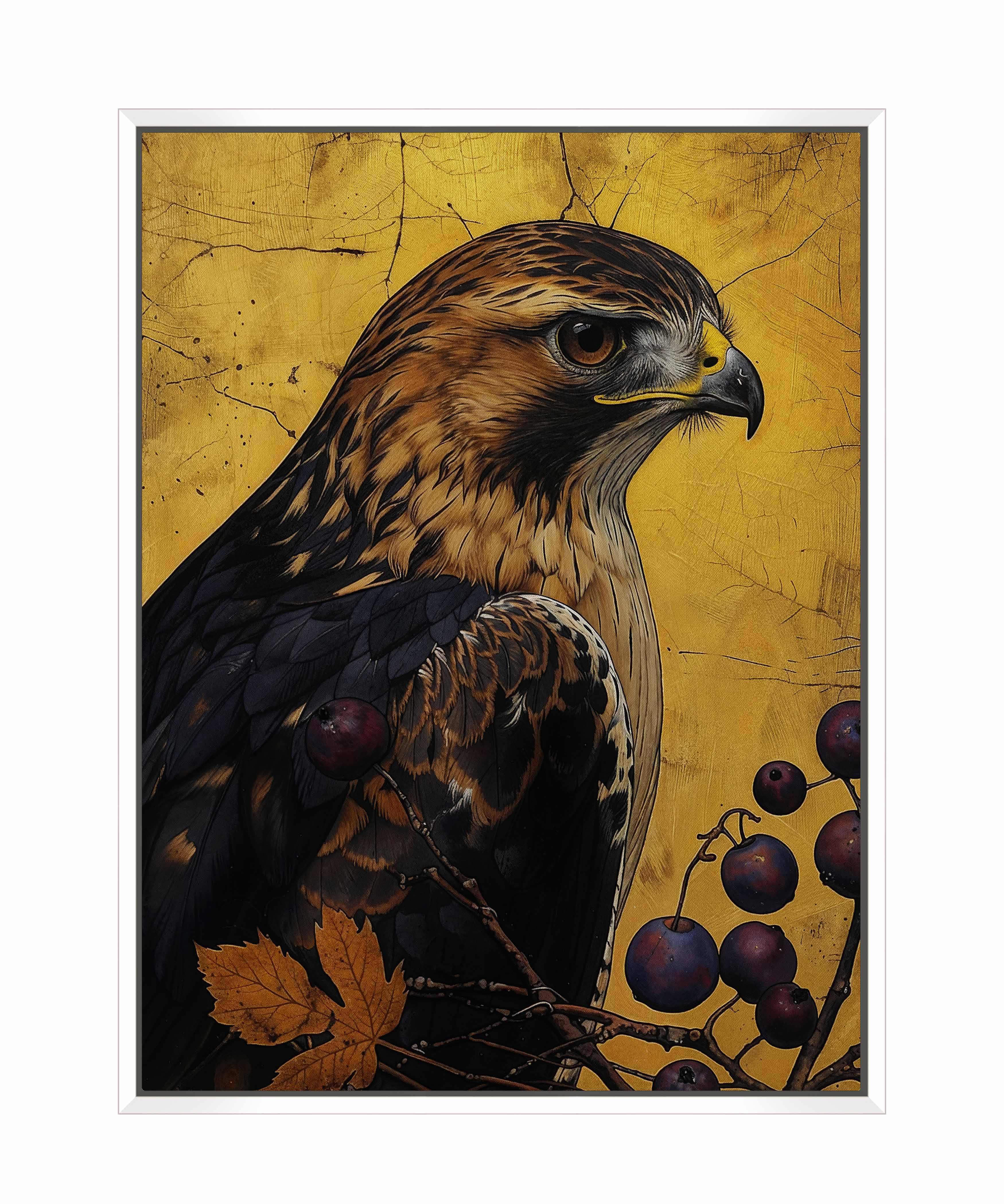 Golden Majesty Hawk Among Berries Gallery Wrapped Canvas Wall Art - Nature Inspired Home Decor for Living Room, Bedroom & Office