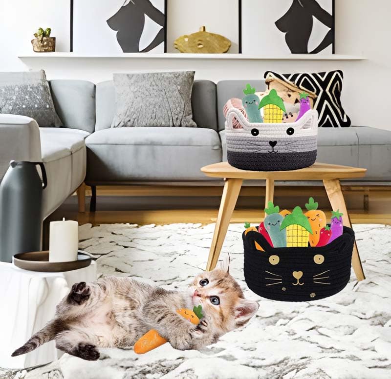 Kamuavni Woven Rope Storage Basket - Stylish Cat Toy Organizer, Nursery Baby Basket, Baby Shower Gift Basket - 8.3 x 4.7 Inches, Black - Perfect for Living Room Decor, Pet Toy Storage & Nursery Organization