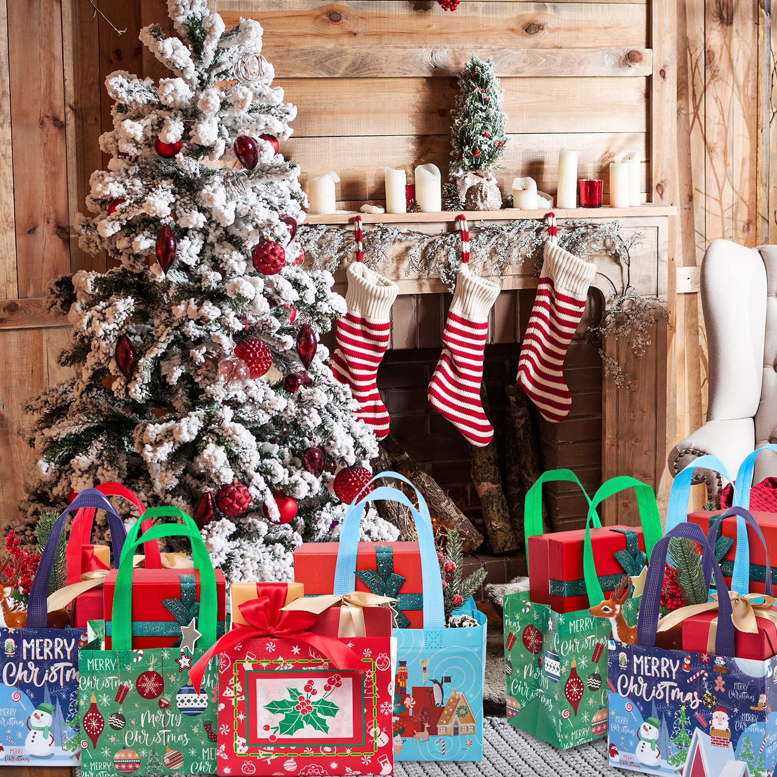 Whaline 16Pcs Christmas Gift Bags with Handles - Reusable Waterproof Tote Bags for Holiday Party & Shopping (4 Designs)