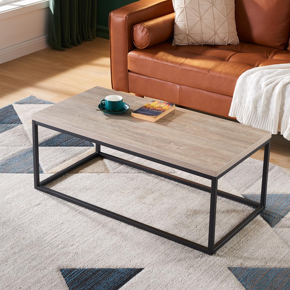 CENSI 40-Inch Grey Oak Rectangle Coffee Table Ottoman - Modern Industrial Style Wood & Metal Living Room Furniture (French Oak) - Perfect for Small Spaces, Apartments & Lounge Areas