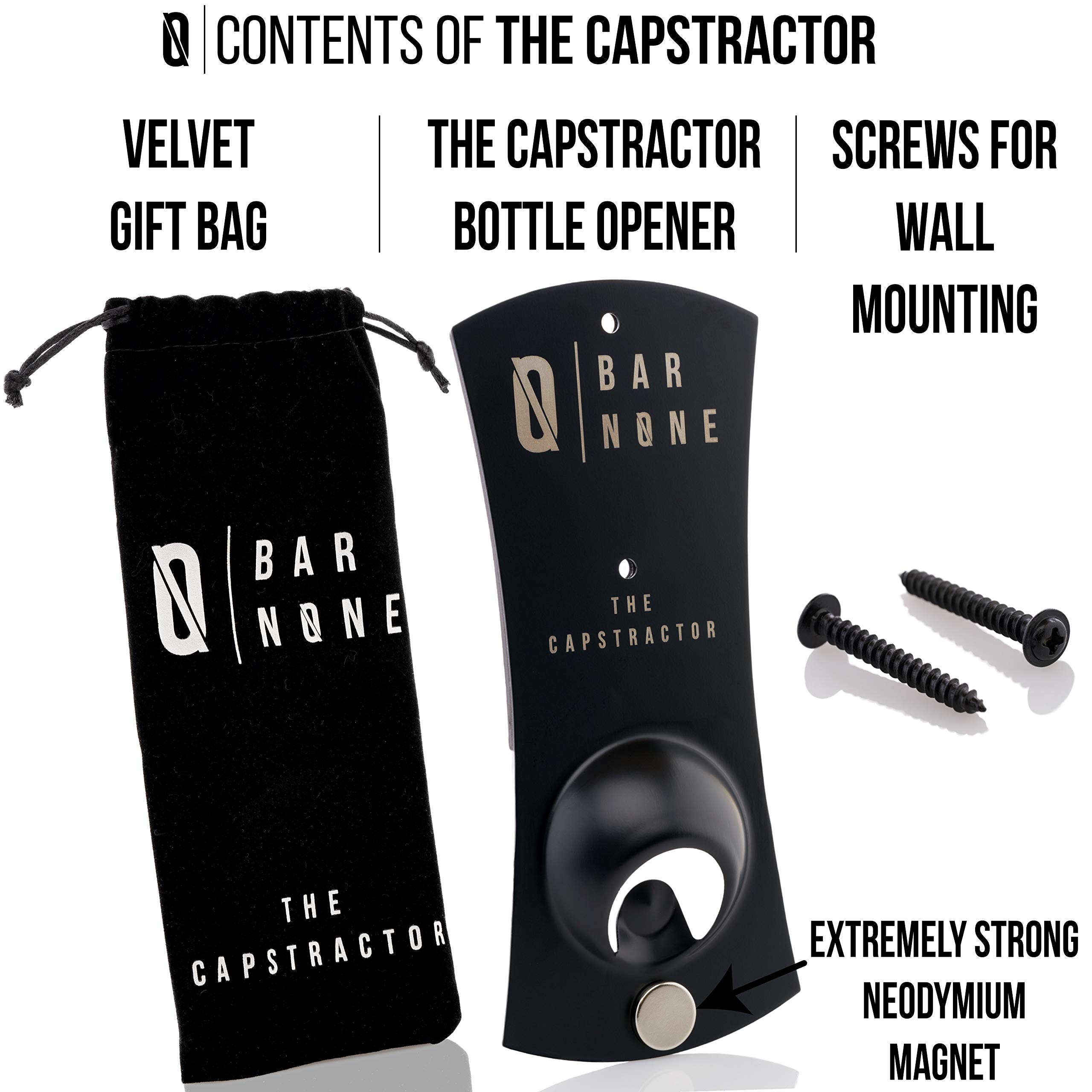 BAR NONE The Capstractor - Magnetic Fridge Bottle Opener | Wall Mounted Beer Bottle Opener with Strong Magnet for Refrigerator, Kitchen, Bar & Home Use | Perfect for Bartenders, Parties & Everyday Convenience (Black, 1 Pack)