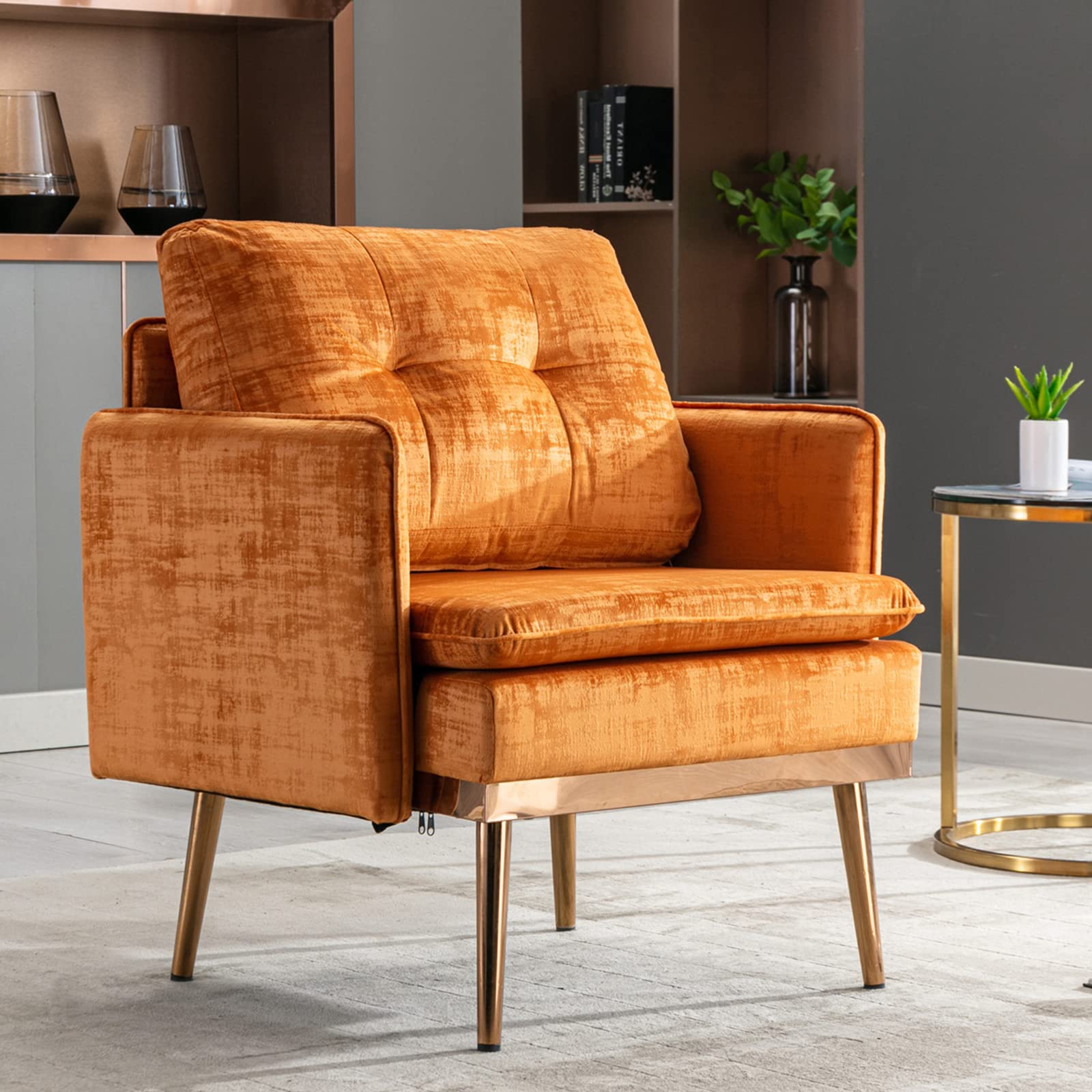 GNIXUU Velvet Upholstered Accent Chair - Modern Tufted Armchair with Rose Gold Metal Legs for Living Room, Bedroom & Office - Comfortable Reading Chair (Orange) | Perfect for Small Spaces, Home Decor & Relaxation