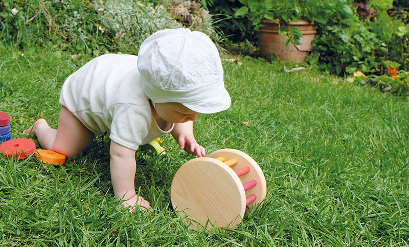 Grimm's Wooden Rolling Wheel with Bells - Natural Wood Baby Toy for Sensory Play, Montessori Learning & Early Childhood Development - Perfect for Playtime, Nursery Decor & Toddler Gift