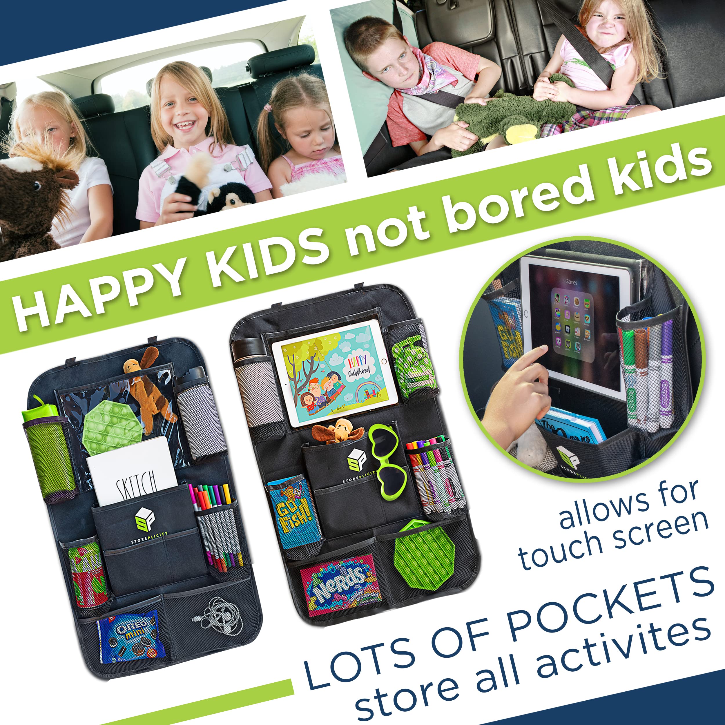 Storeplicity Universal Car Backseat Organizer Set - 2 Pack Multifunctional Seat Organizers with 13 Pockets (24x16in Back & 14.5x5in Side) - Perfect for Kids Toys, Snacks & Road Trips - Ideal for SUVs, Minivans & Family Vehicles