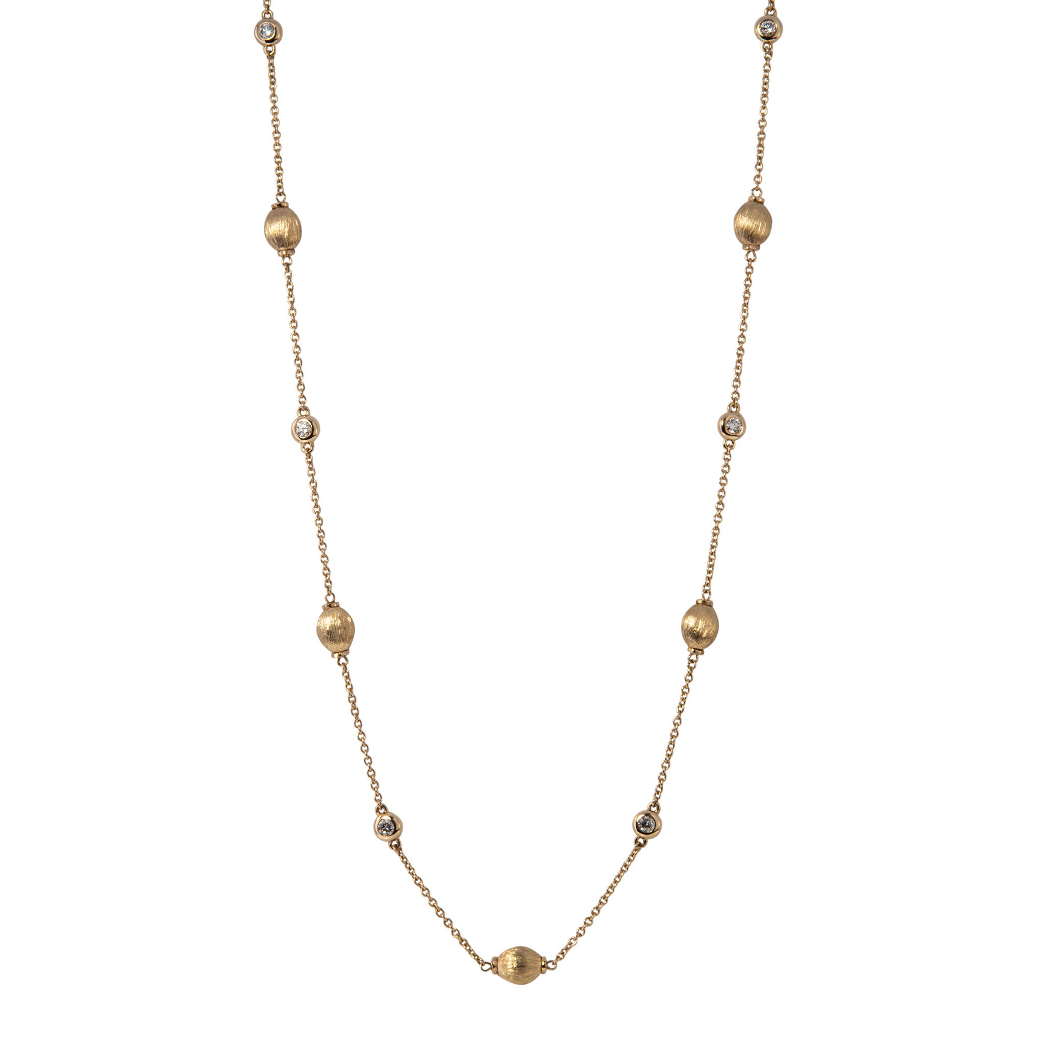 14K Yellow Gold Diamond Bezel & Satin Bead Station Necklace - Elegant Jewelry for Women, Perfect for Weddings, Anniversaries and Special Occasions