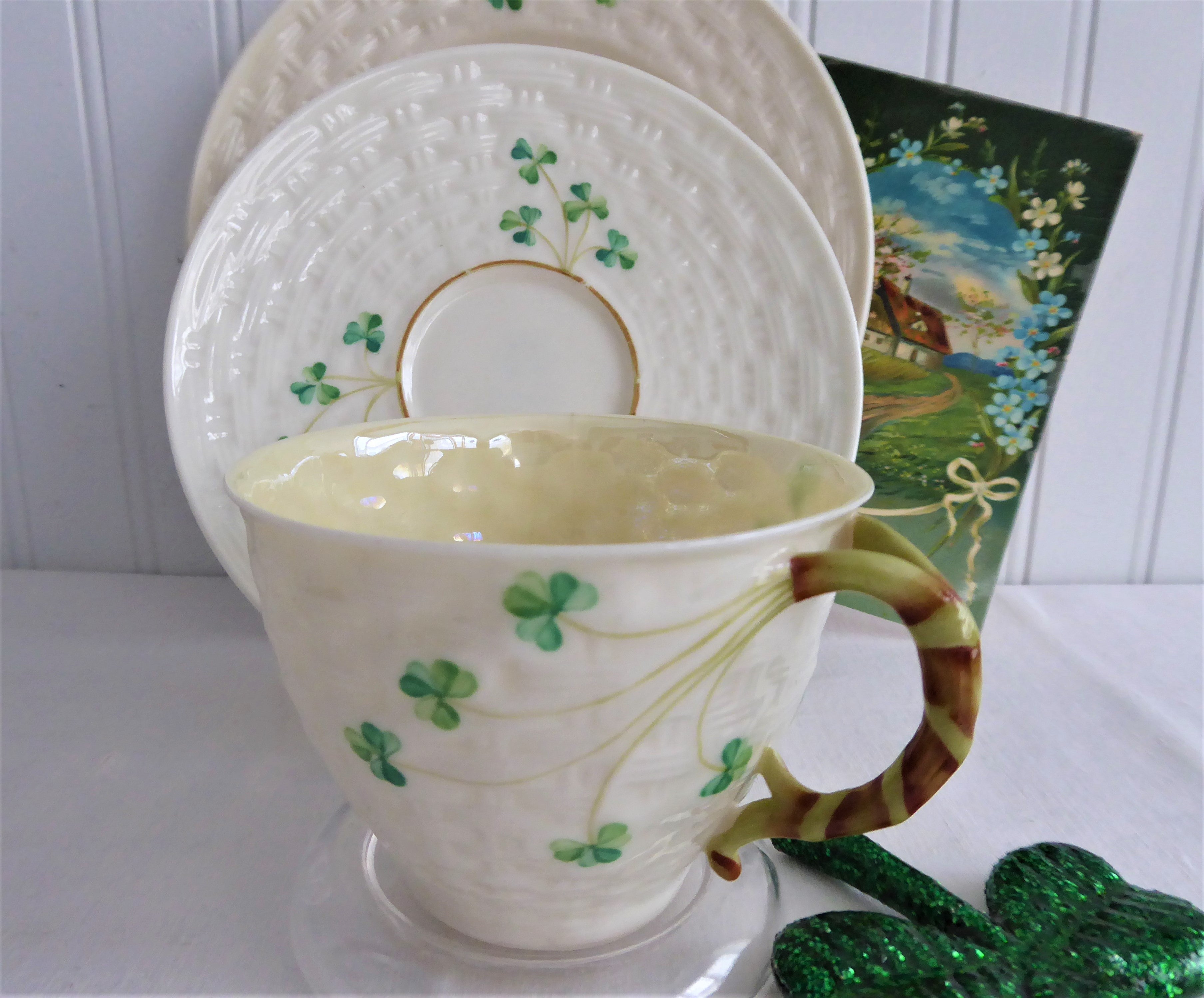 Vintage Irish Belleek Teacup Trio Set - Handcrafted Basket Weave Design with Shamrocks (1950s 4th Green Mark) - Perfect for Afternoon Tea, Collectible Irish Porcelain, Wedding Gift