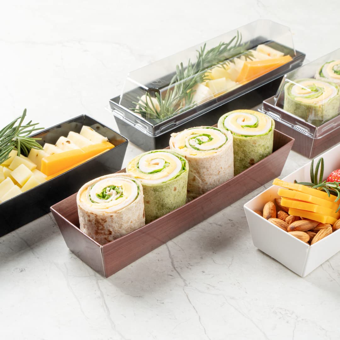 Restaurantware Matsuri Vision 6.5 x 1.7 x 1.4 Inch Disposable Sushi Trays - 100 Greaseproof Wood Grain Paper Sushi Containers for Appetizers, Desserts & Takeout (Lids Sold Separately) | Perfect for Japanese Restaurants, Catering & Food Delivery