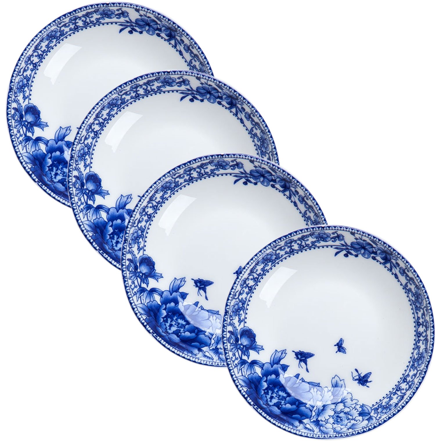 4-Pack 4-Inch Small Round Plates - Premium Bone China Soy Sauce & Dessert Dishes - Blue Floral Design - Elegant Tea & Coffee Cup Saucers - Perfect for Asian Cuisine, Dessert Serving, and Afternoon Tea Parties