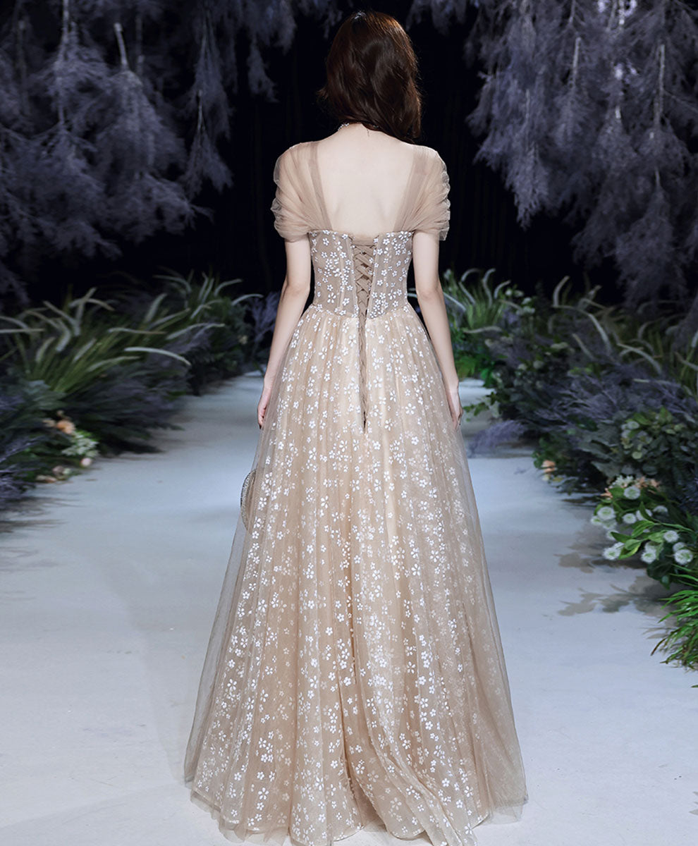 Elegant Champagne Tulle Long Prom Dress with Beading - Formal Evening Gown for Homecoming, Ball, Wedding & Special Occasions
