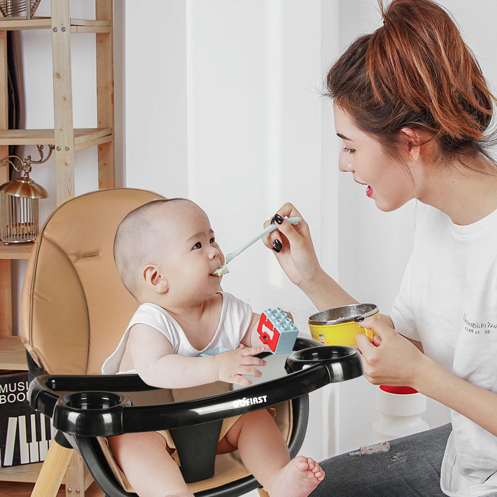Gofirst 6-in-1 Convertible Wooden High Chair for Babies & Toddlers - Adjustable Infant Dining Booster Seat with Building Block Table & 4-Position Removable Feeding Tray - Perfect for Home, Restaurant & Travel Use