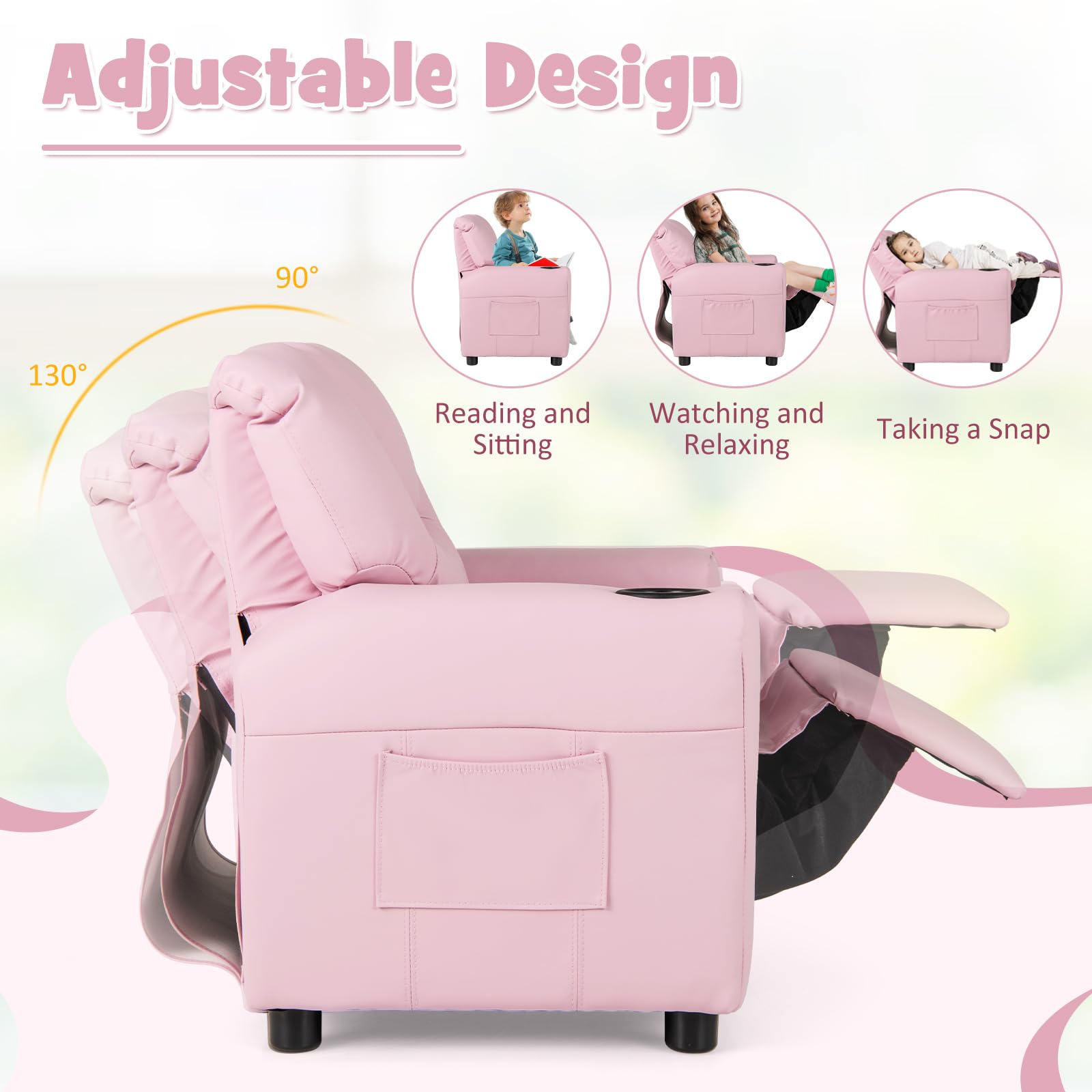 Costzon Kids Recliner Chair with Cup Holder - Pink PU Leather Toddler Armchair with Headrest & Footrest for Boys and Girls - Perfect for Bedroom, Playroom, Nursery, and Movie Nights