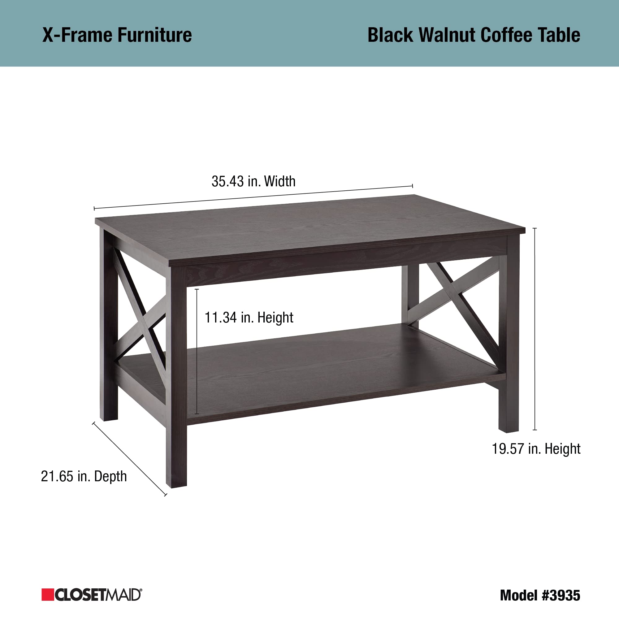 ClosetMaid 3935 X-Frame Coffee Table with Shelf - Black Walnut Wood for Living Room