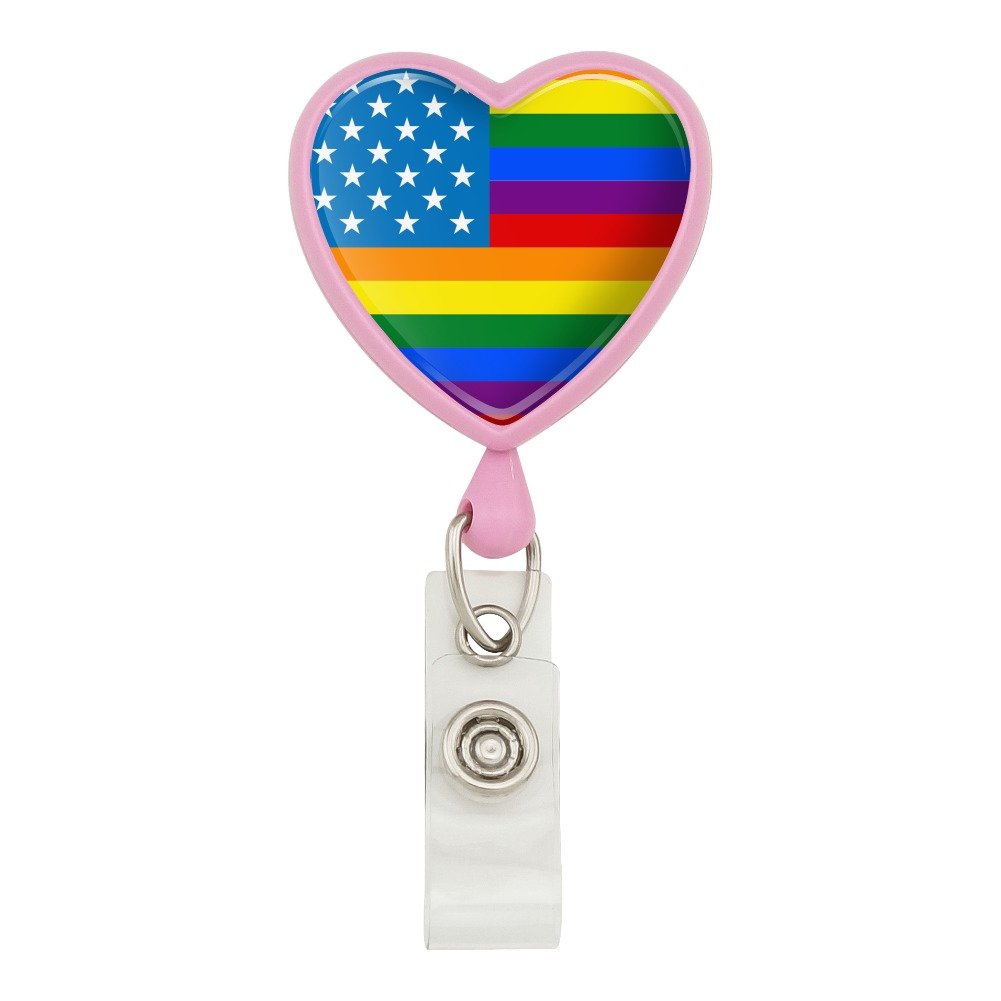 Rainbow Heart Pride Lanyard with Retractable Reel & ID Badge Holder - Gay American Flag Design - Perfect for LGBTQ+ Events, Work IDs, and Festivals (Pink)