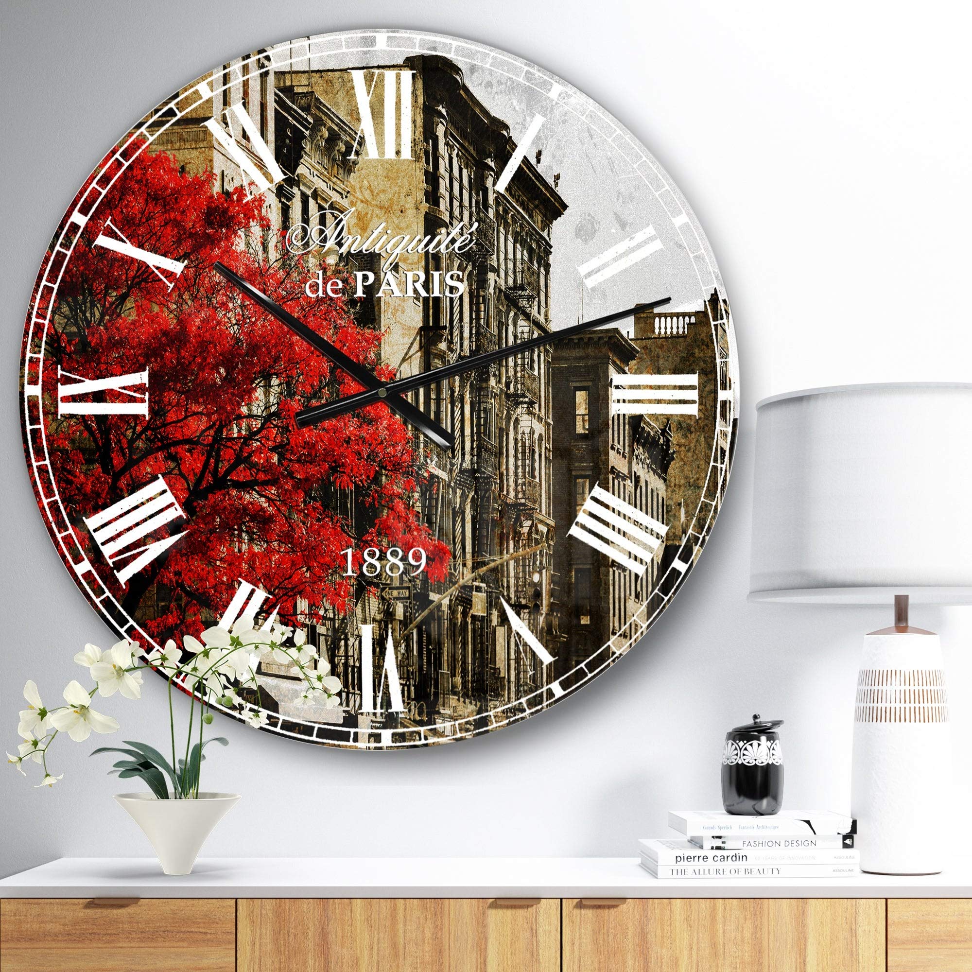 Designart 'Red Tree on Black and White New York City Street' Floral Cityscape Wall Clock - 23 Inch Large Modern Round Clock for Living Room, Bedroom & Office Decor