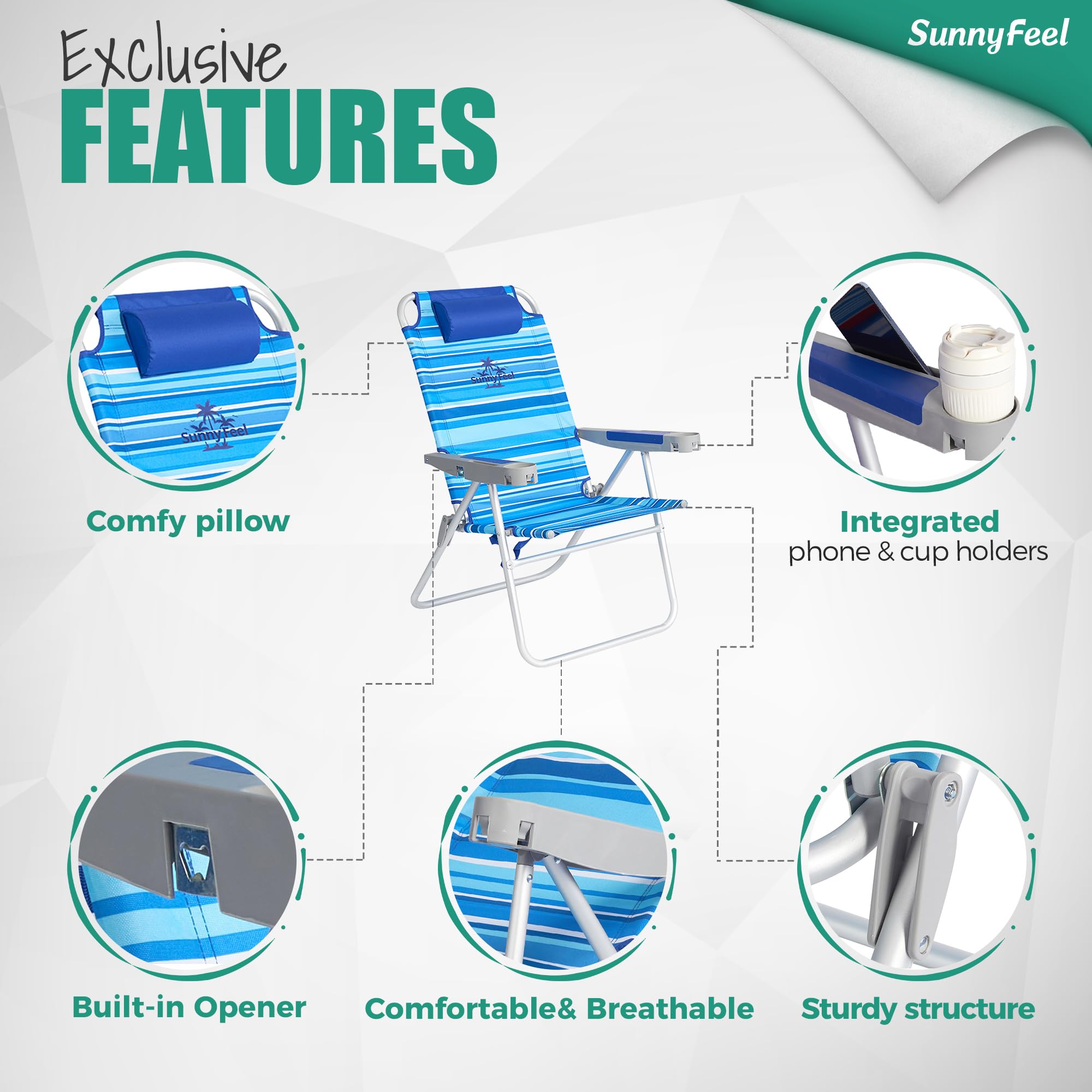 Sunnyfeel Heavy Duty 500lb Capacity Folding Beach Chair for Adults - Lightweight Portable Sand Chair with Cup Holders, Tall Foldable Camping Lawn Chair for Outdoor Activities, Beach, Picnic, Concert & Sports Events - Perfect for Summer Vacations, Backyard Relaxation and Tailgating Parties