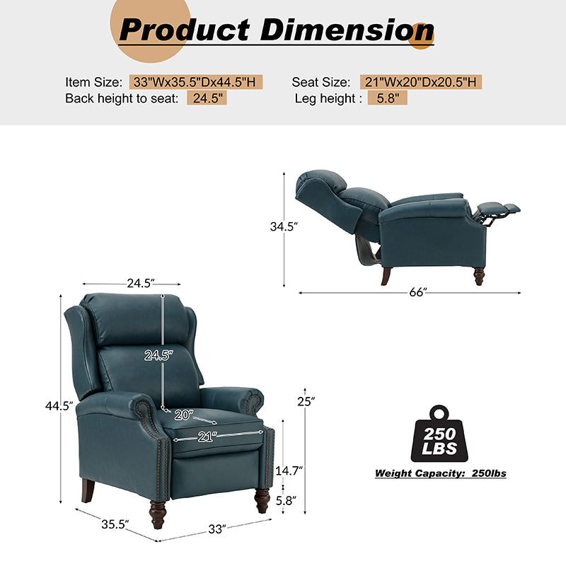 Lucina Genuine Leather Manual Recliner Chair - Handcrafted Premium Leather Living Room Furniture for Relaxation & Comfort - Perfect for Home Theater, Reading Nook, and Office Lounge
