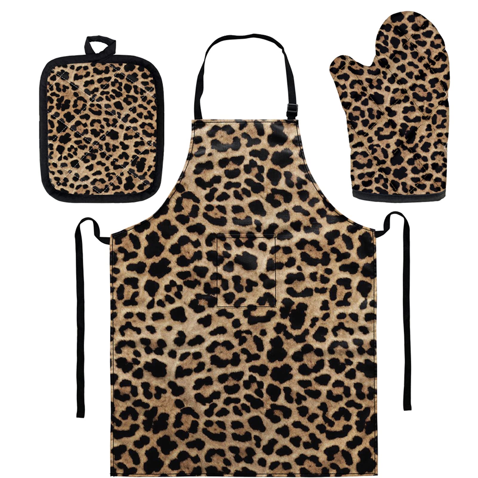 GLENLCWE Leopard Print Waterproof Kitchen Apron Set with Pocket, Heat Resistant Oven Mitts & Pot Holders - Non-Slip Cooking Accessories for Baking, Grilling & Home Decor