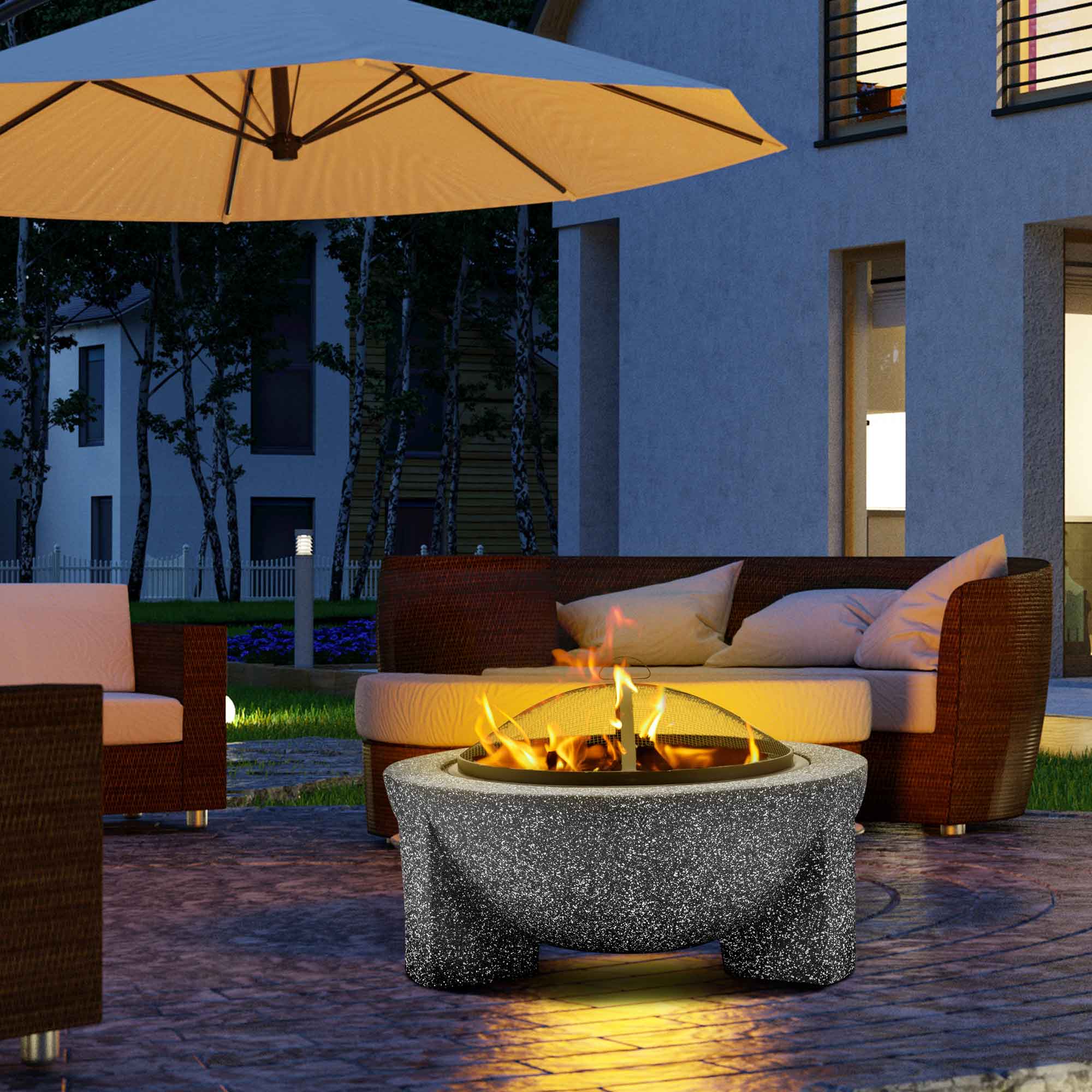 Round 75cm Magnesium Oxide Fire Pit with BBQ Grill & Safety Mesh Screen - Dark Grey DG191 for Outdoor Camping, Backyard Gatherings & Patio Relaxation