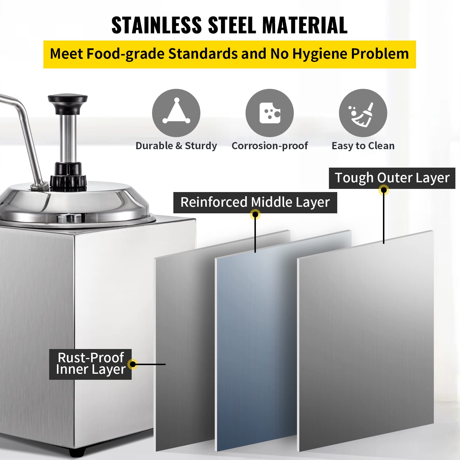 VBENLEM 2.6Qt Commercial Cheese Warmer with Pump - 650W Stainless Steel Nacho Cheese Dispenser for Hot Fudge, Caramel & Chocolate - Perfect for Restaurants, Cinemas & Party Snack Stations