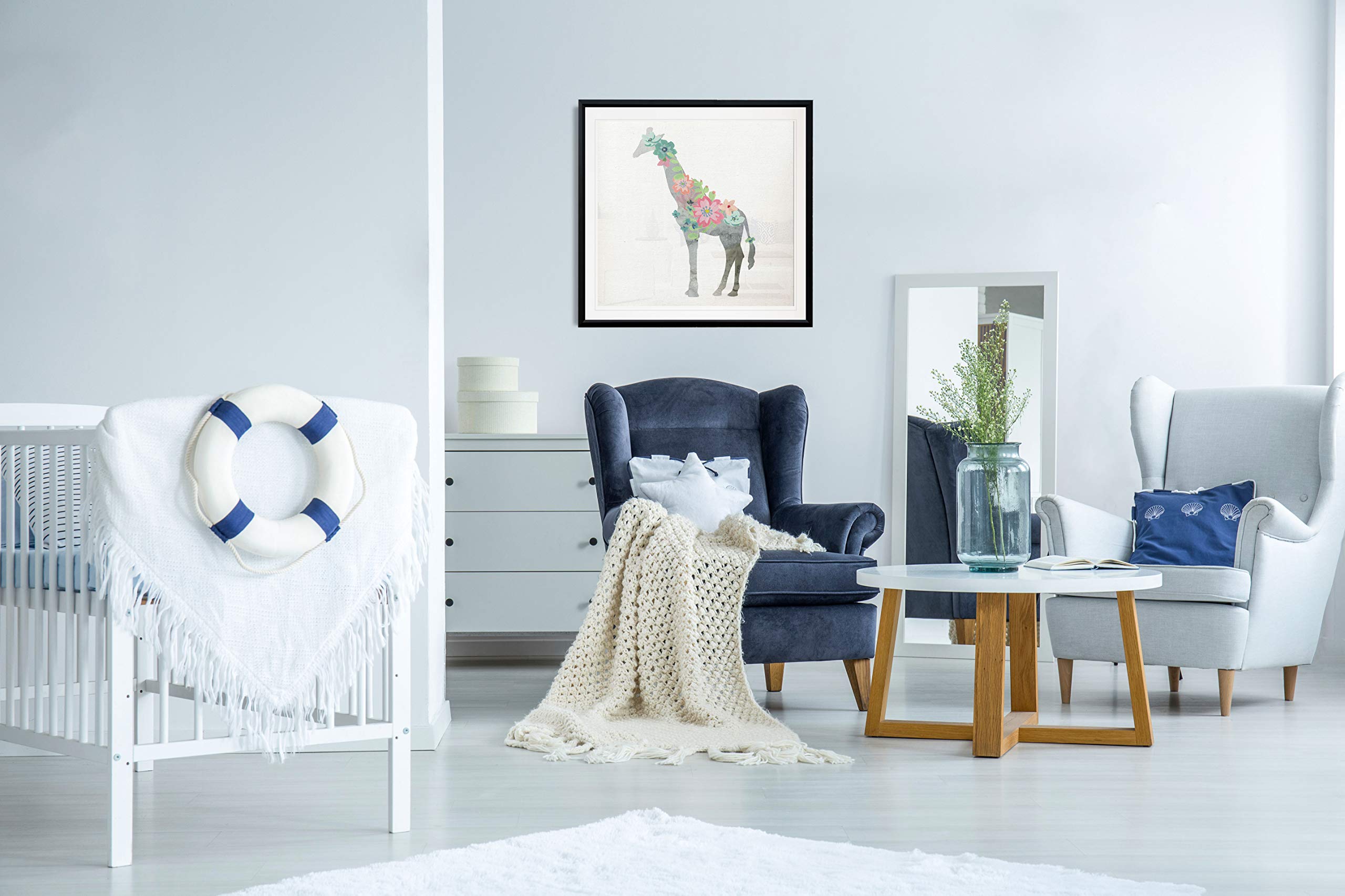 Renditions Gallery Girls Love Flowers Giraffe Painting - Contemporary Framed Giclee Canvas Art Print - Safari Animal Wall Decor for Nursery, Kids Room & Living Room