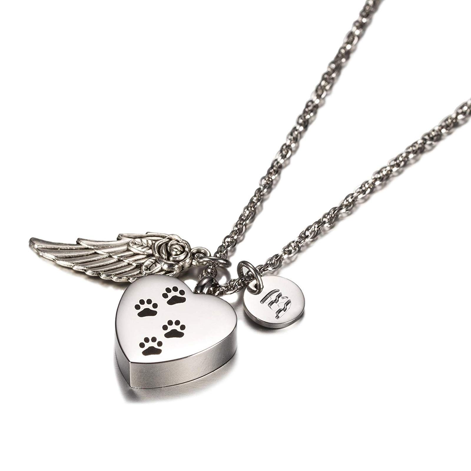 Stainless Steel Memorial Necklace - Heart Urn Pendant with Dog Paw, Angel Wing & 26 Letter Charms | Pet Ashes Keepsake Jewelry | Free Engraving | Gift for Pet Loss, Remembrance & Healing