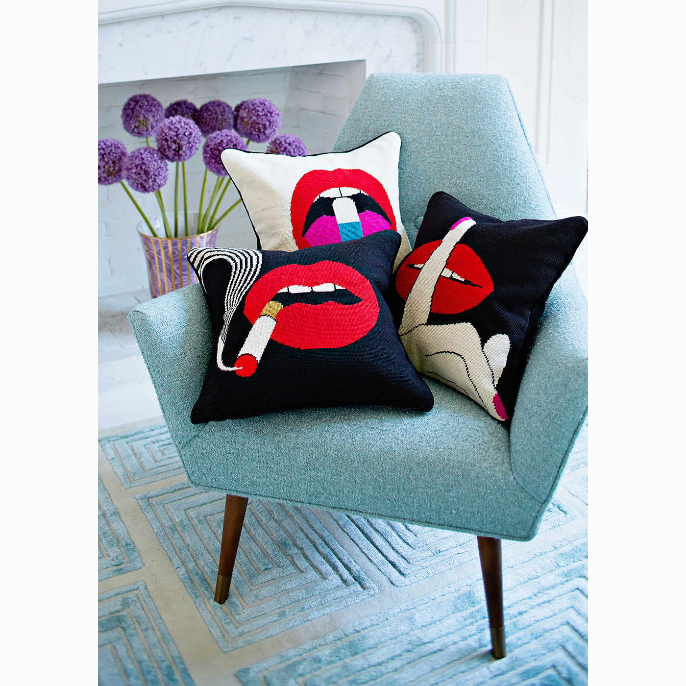 Lips Smolder Needlepoint Throw Pillow - Elegant Home Decor for Living Room, Bedroom & Sofa - Perfect Bohemian Accent for Cozy Spaces
