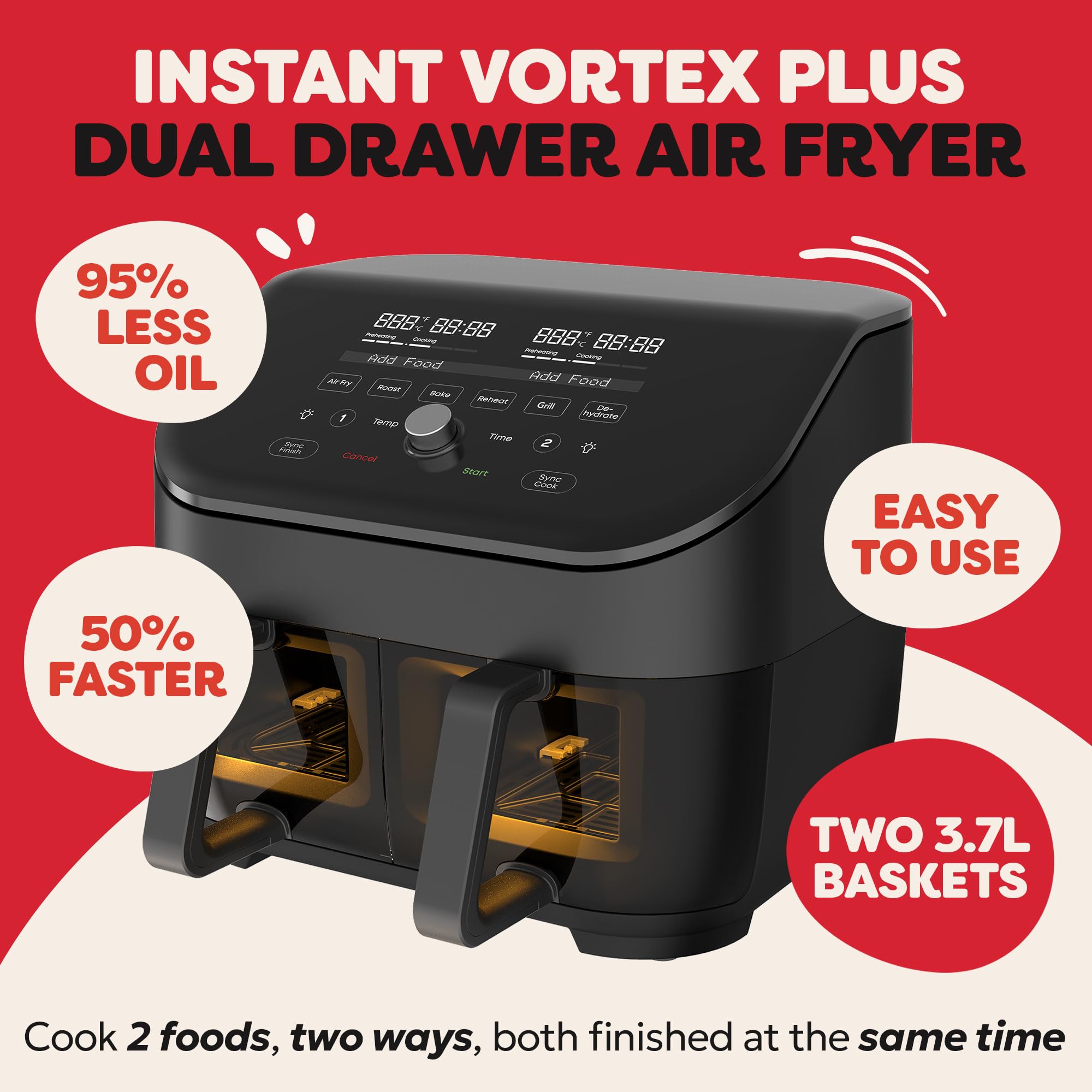 Instant Pot Vortex Plus 7.4L Dual Basket Air Fryer - Large Family Size with Clear Window - Air Fry, Dehydrate, Grill, Bake, Roast & Reheat - Non-Stick & Dishwasher Safe for Easy Cleaning - Perfect for Family Dinners, Meal Prep & Healthy Cooking