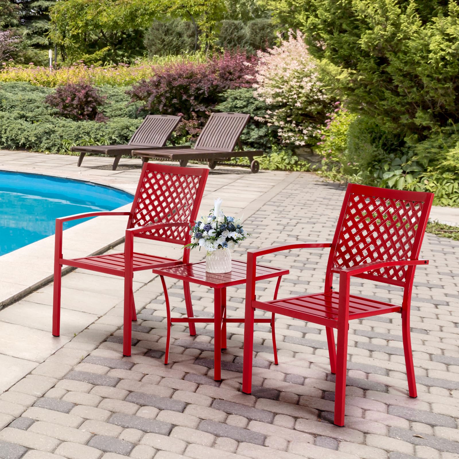 3-Piece Outdoor Patio Dining Set - Durable Cast Iron Table & 2 Stackable Chairs, Square Slatted Design for Balcony, Porch, Garden, Backyard - Perfect for Al Fresco Dining, BBQs & Outdoor Entertaining (Red)