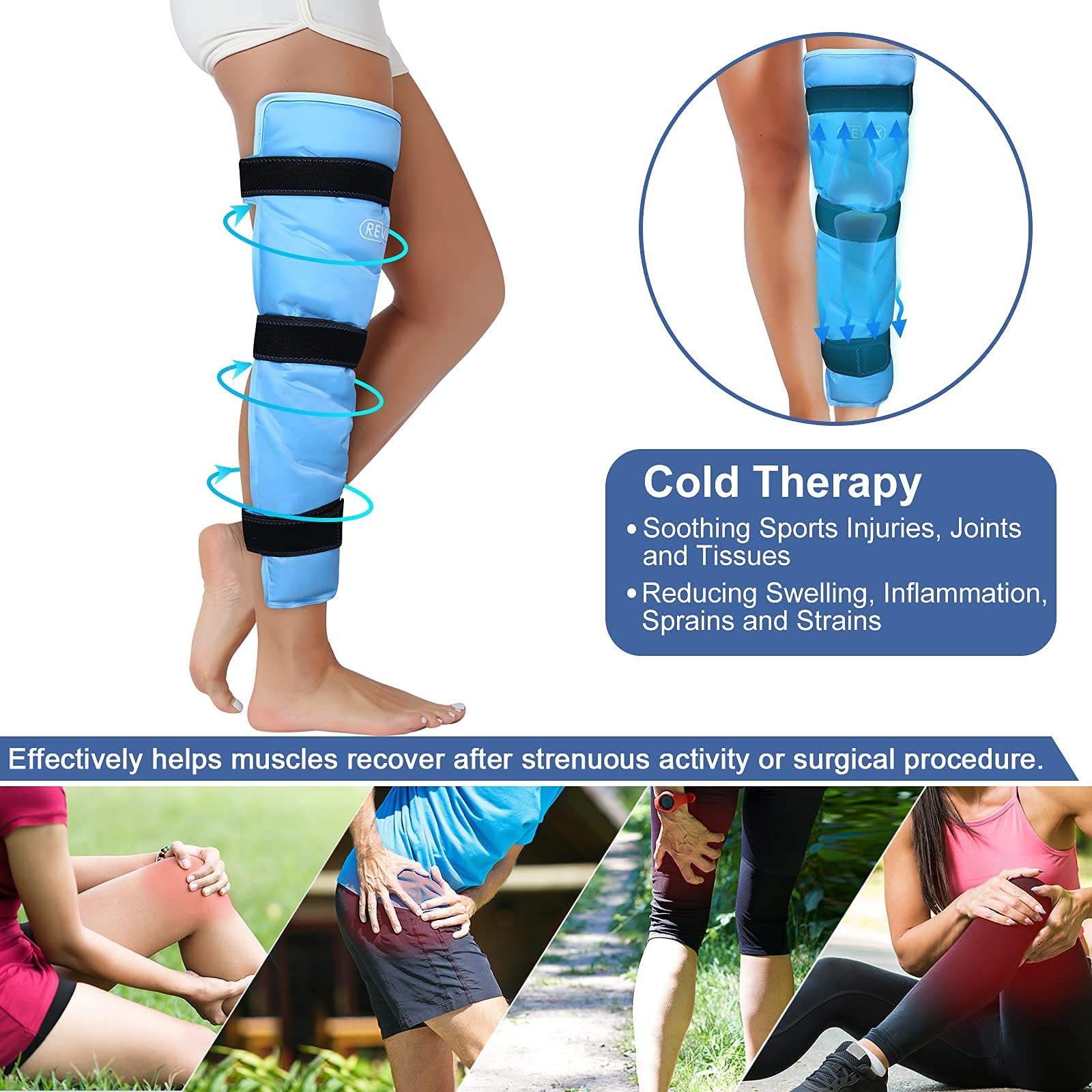 REVIX Reusable Knee Ice Pack Wrap with Cold Compression Therapy - Large Gel Ice Wrap for Knee Pain Relief, Swelling, Injuries & Recovery - Perfect for Post-Workout, Arthritis, Sports Injuries & Surgery Recovery