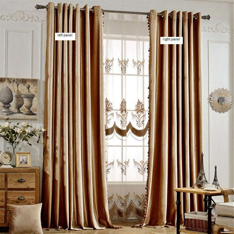 Luxury Blackout Velvet Curtains with Tassel Trim - European Style in Camel Color for Living Room & Bedroom Window Treatments
