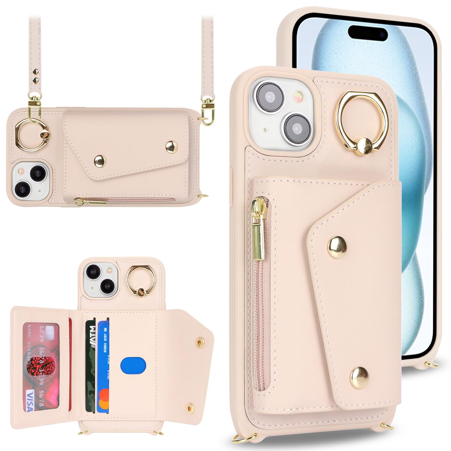 Premium iPhone 15 Plus Wallet Case with Card Holder & Crossbody Strap - 6.7