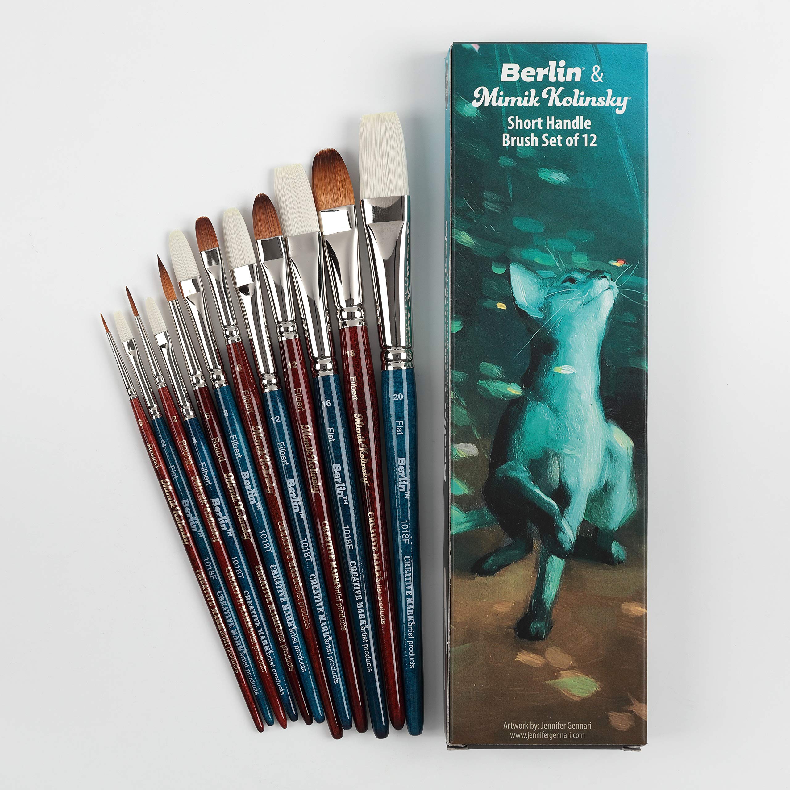 Creative Mark Mimik Kolinsky Synthetic Sable Short Handle Paint Brushes - Professional Artist Brush Set of 12 for Oil, Acrylic & Watercolor Painting - Perfect for Studio, Classroom & Home Art Projects