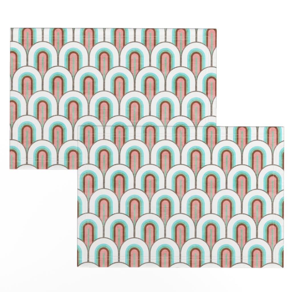 Linen Cotton Canvas Placemats Set of 2 - Tile Feather Pastel Scallop Geometric Art Deco Print Table Mats | Perfect for Dining Room Decor, Kitchen Table Setting & Dinner Party Accessories