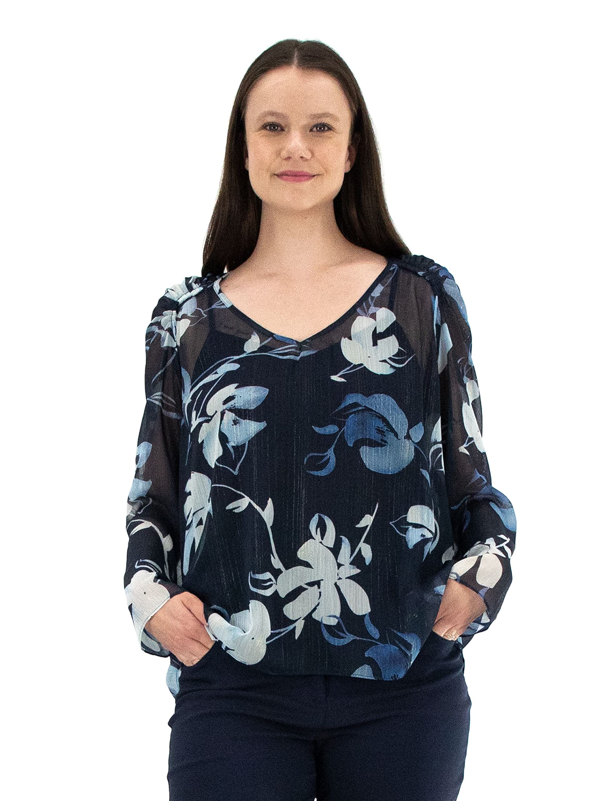 Zac & Rachel Women's Long Sleeve Printed Shadow Stripe Georgette Blouse with Lurex Thread - Elegant Office Wear & Evening Party Top
