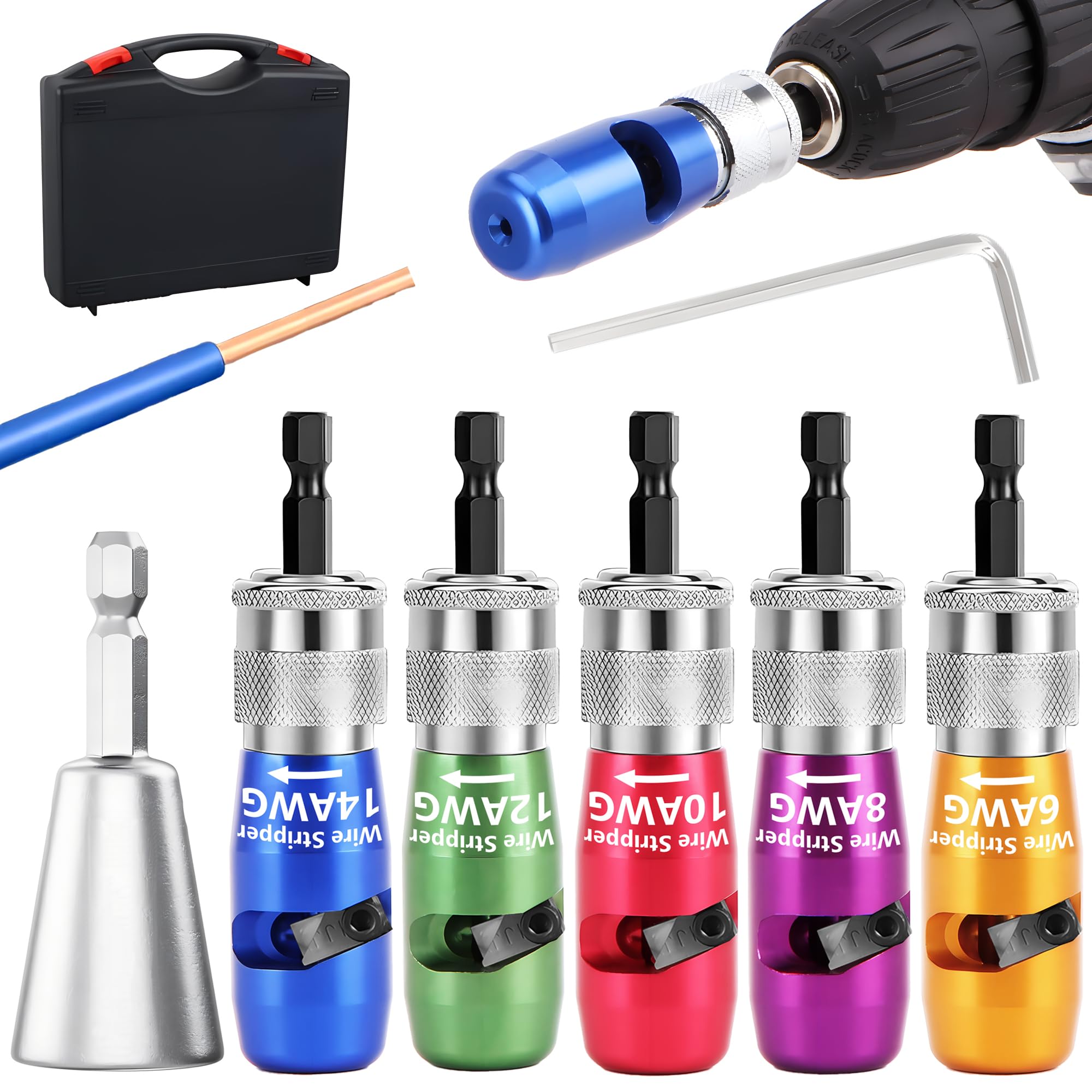 Professional Wire Stripper and Twister for Drill - AWG 6/8/10/14 Cable Stripping & Twisting Tool - Electrician Tool Set with Electrical Wire Connector - Perfect for DIY Home Wiring, Automotive Repairs, and Electrical Projects