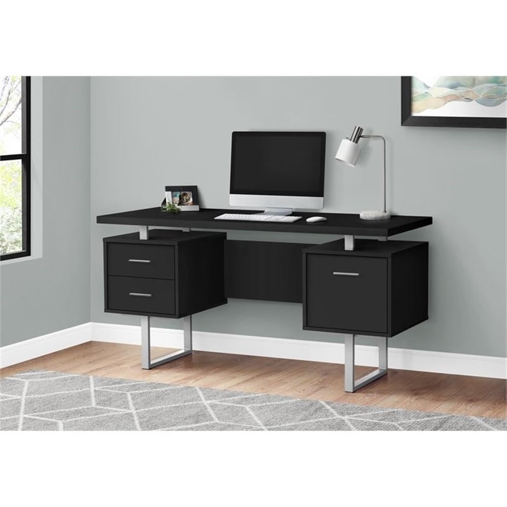 Pemberly Row Modern Reversible Floating Computer Desk - Black Wooden Writing Table for Home Office, Gaming & Study | Space-Saving Design for Small Rooms & Apartments