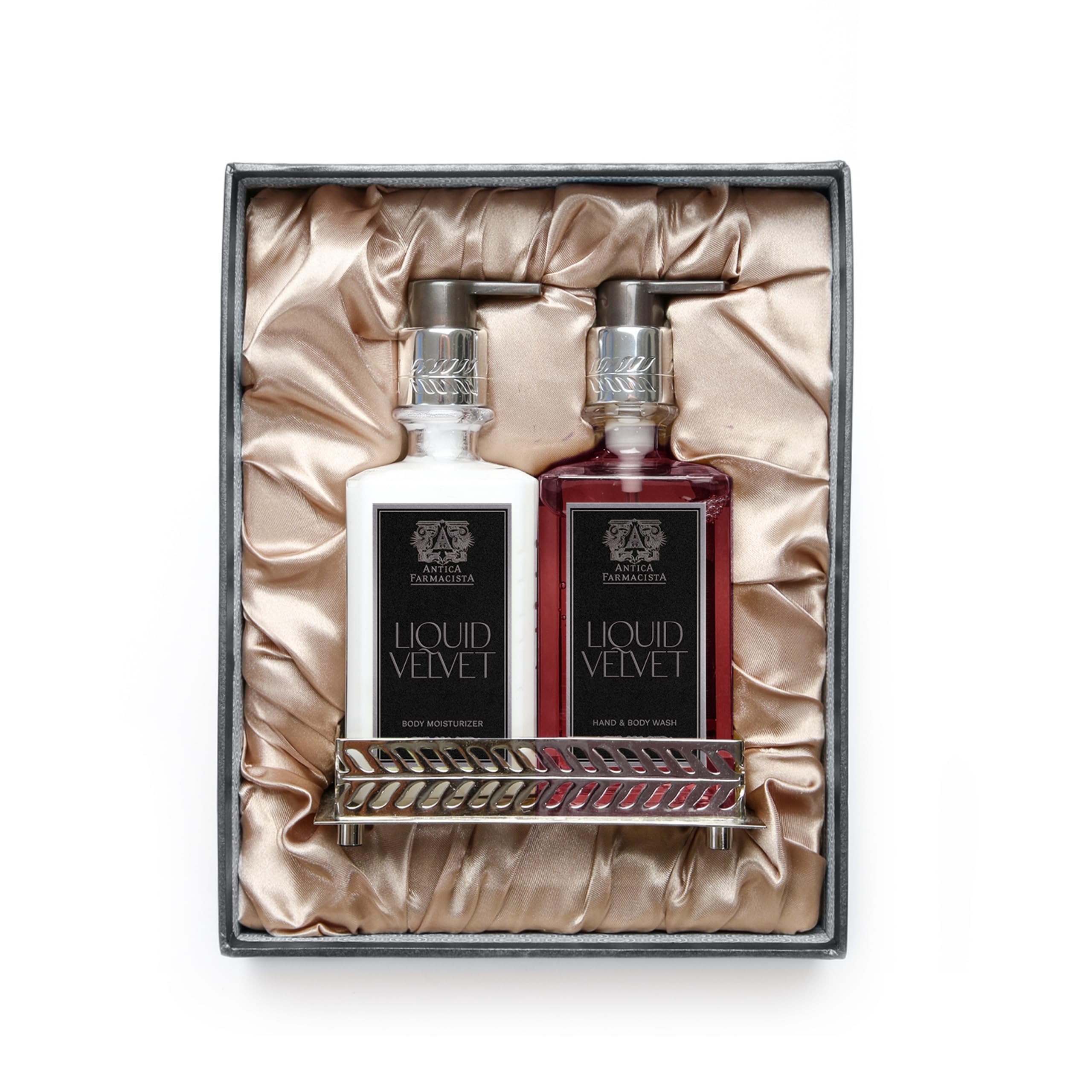 Antica Farmacista Liquid Velvet Acrylic Bath & Body Gift Set - Moisturizing Scented Lotion & Premium Hand Wash with Silver Tray - Luxury Skincare Gift for Women & Men - Hand & Body Hydration - Perfect for Spa Days, Home Relaxation & Elegant Gift Giving