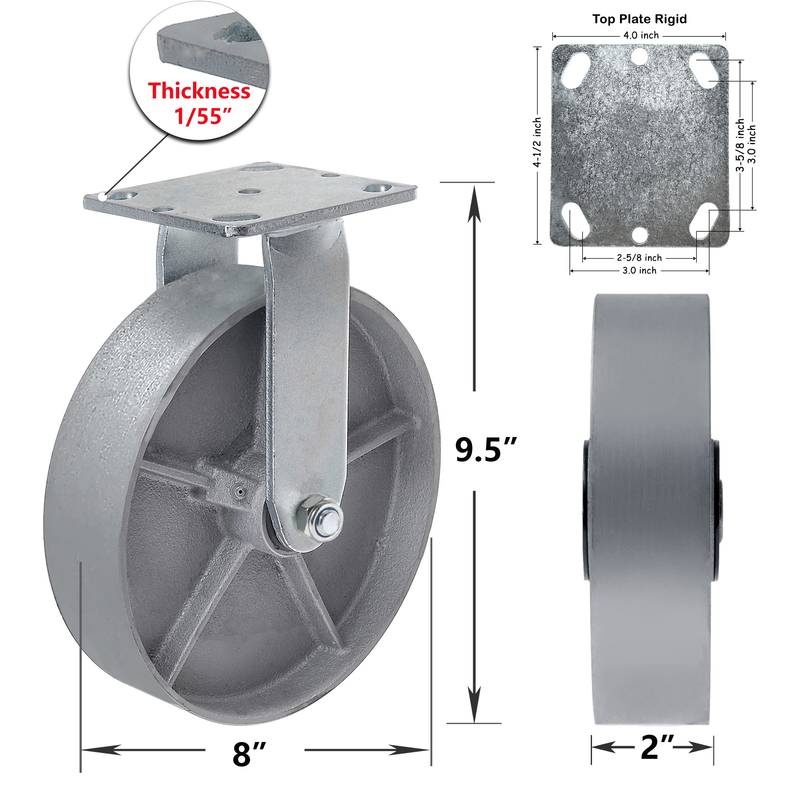 Heavy Duty 8 Inch Steel Cast Iron Caster Wheels - Set of 4 (2 Swivel & 2 Rigid) 5200 LB Capacity for Tool Boxes, Workbenches, Industrial Carts & Workshop Equipment