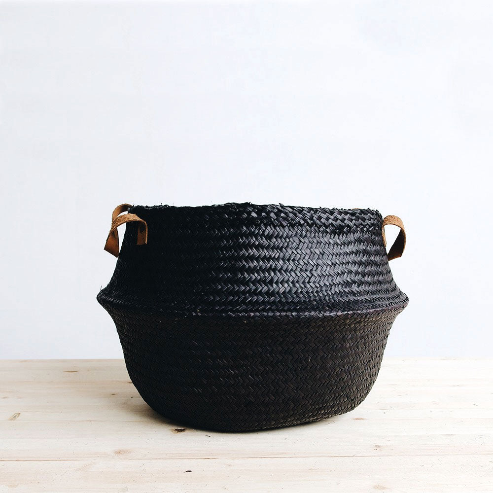 Premium Black Dolly Belly Basket with Leather Handle - Stylish Storage for Home, Office, or Nursery Organization