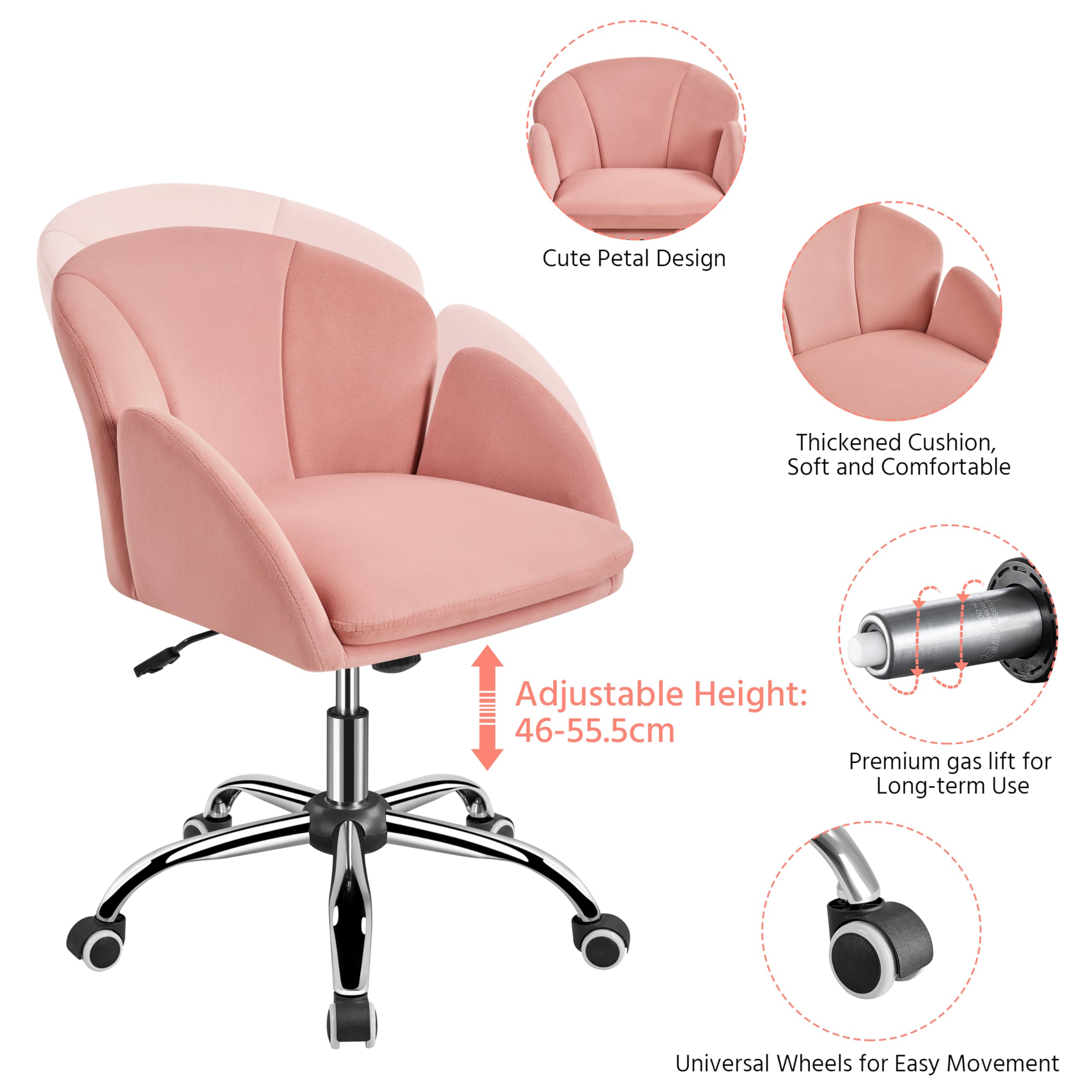 Yaheetech Pink Modern Swivel Rolling Office Chair - Adjustable Computer Desk Chair with Armrests for Women, Makeup Vanity & Dressing Table, Living Room, Bedroom (Perfect for Home Office, Gaming & Beauty Stations)
