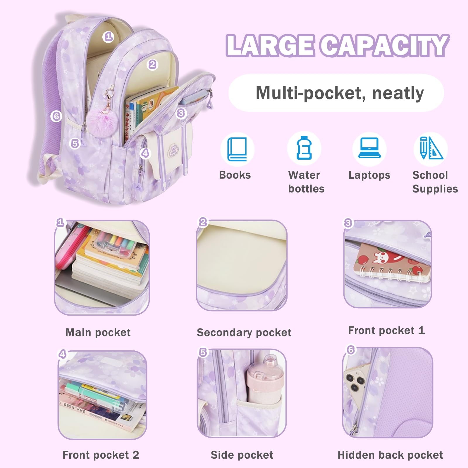 **Cute Pink Girls Backpack for School - Lightweight Bookbag with Multiple Pockets for Teen & Elementary Students - Perfect for Daily Use, Travel & Outdoor Activities**