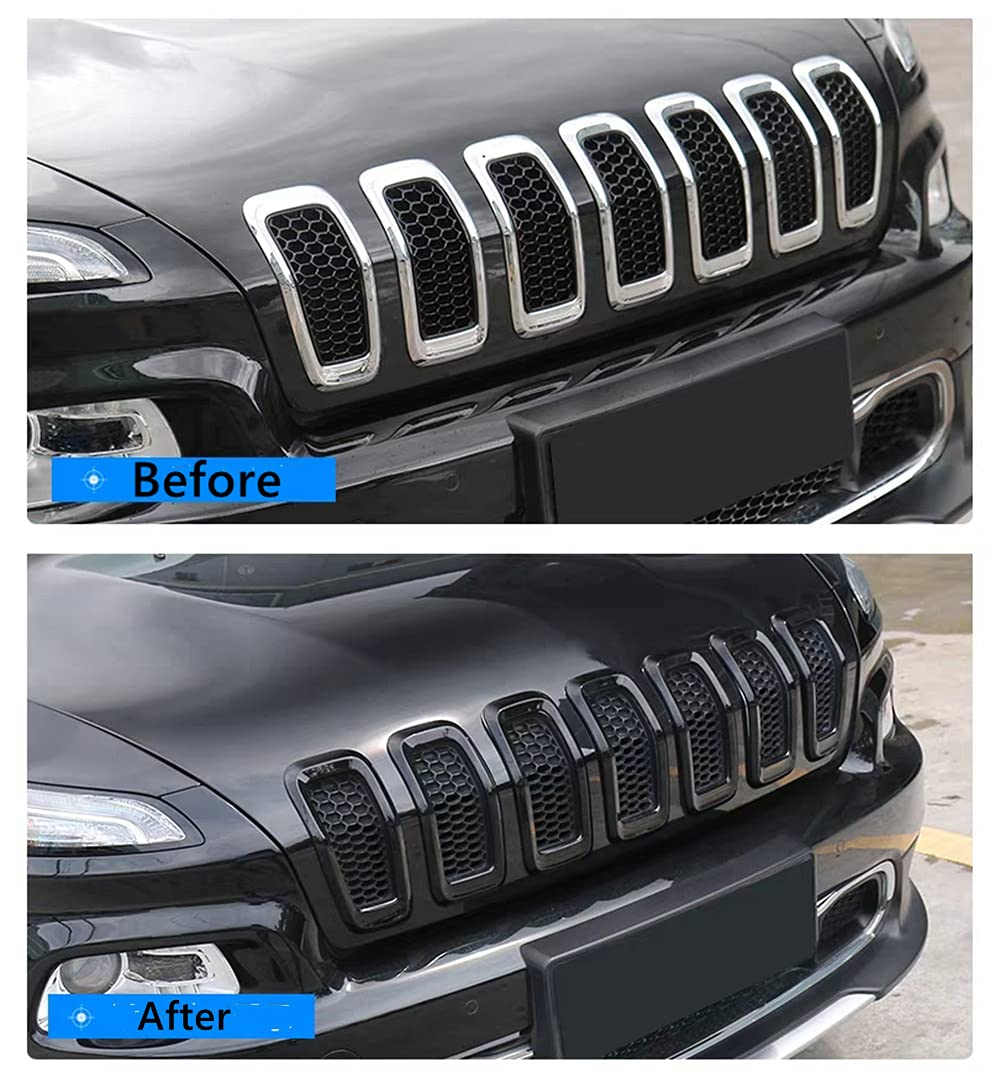 2014-2018 Jeep Cherokee Front Grille Inserts Cover Rings Frame Trim Kit - 7PC Black Set for Off-Road Protection & Style Upgrade | Perfect for Jeep Mods, Car Shows & Daily Driving