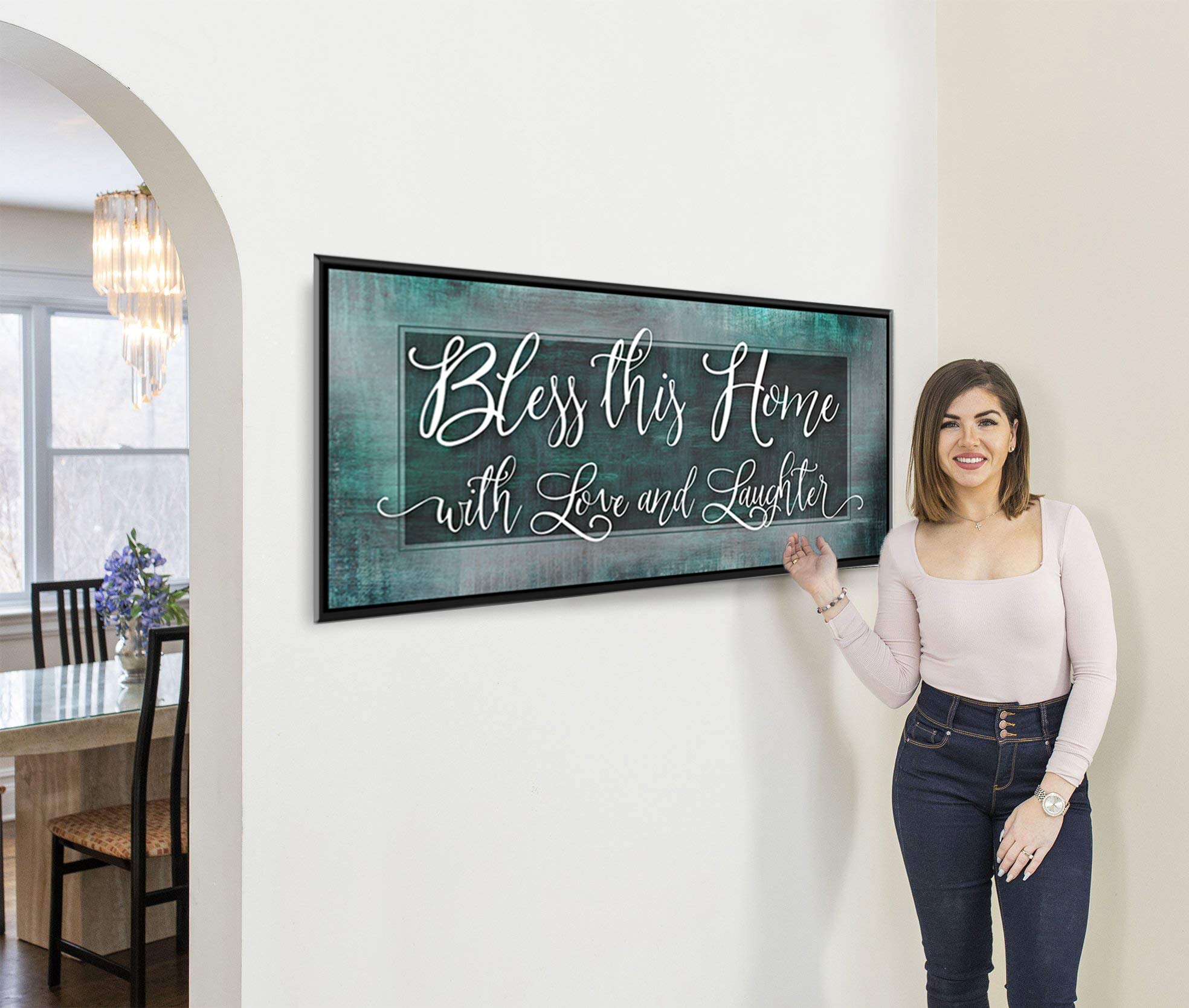 Bless This Home With Love - Religious Wall Decor for Housewarming Gifts, Rustic Home Decoration for Living Room, Blessed Sign (Teal, 60x27 inches) - Perfect for Farmhouse, Christian Homes & Cozy Spaces
