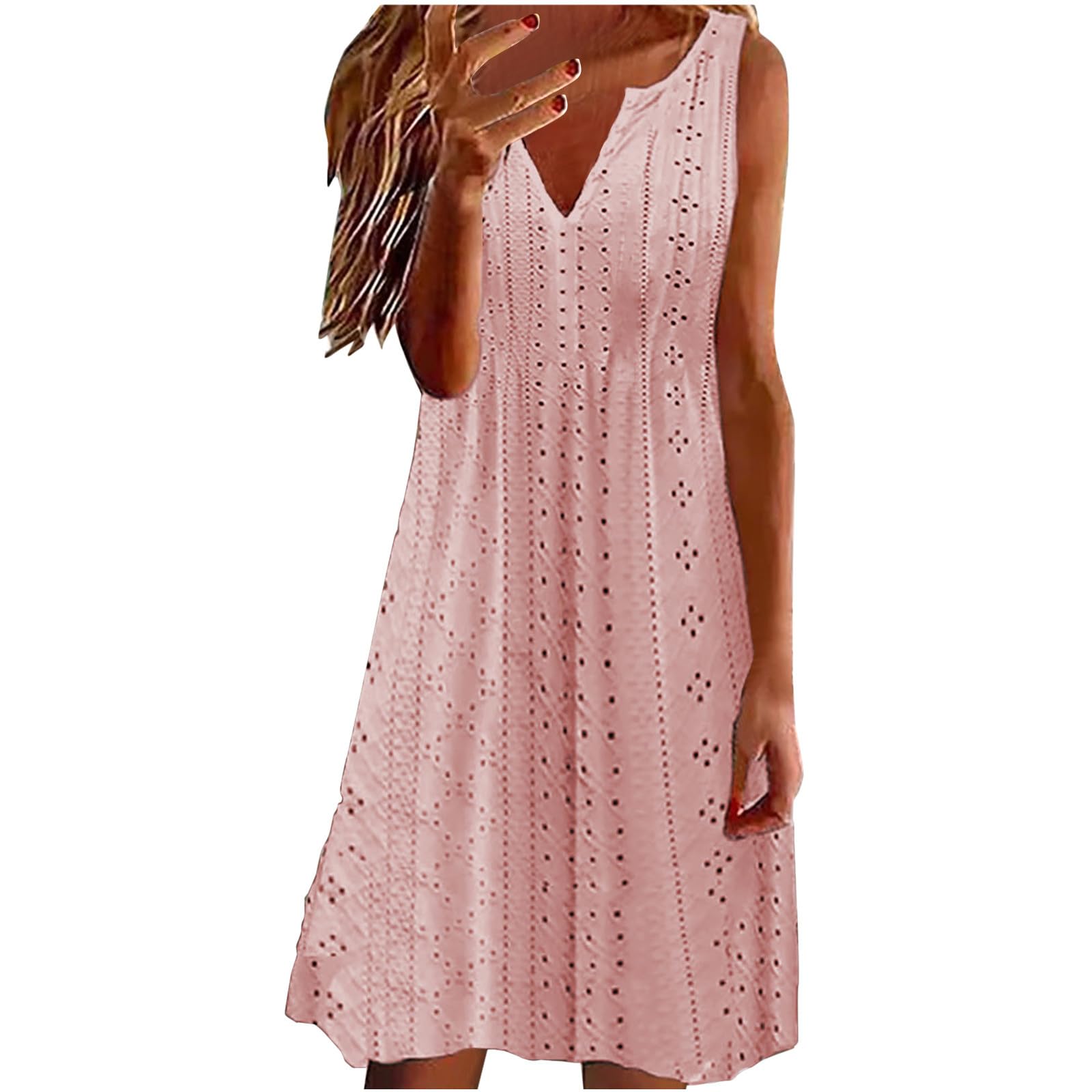 Boho Spring Dress for Women - Elegant V Neck Lace Midi Dress with Hollow Out Sleeveless Design, Plus Size Tank Dresses S-5XL | Perfect for Summer Vacations, Beach Parties & Casual Outings | Pink