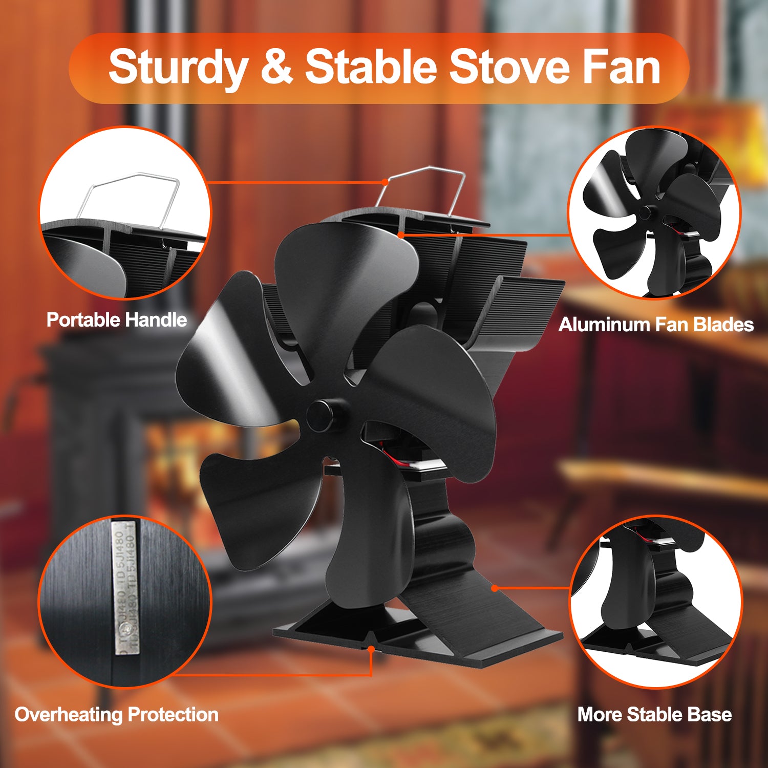 VODA 5-Blade Heat Powered Wood Stove Fan - Efficient Eco-Friendly Fireplace Fan for Home Heating, Camping & Outdoor Use
