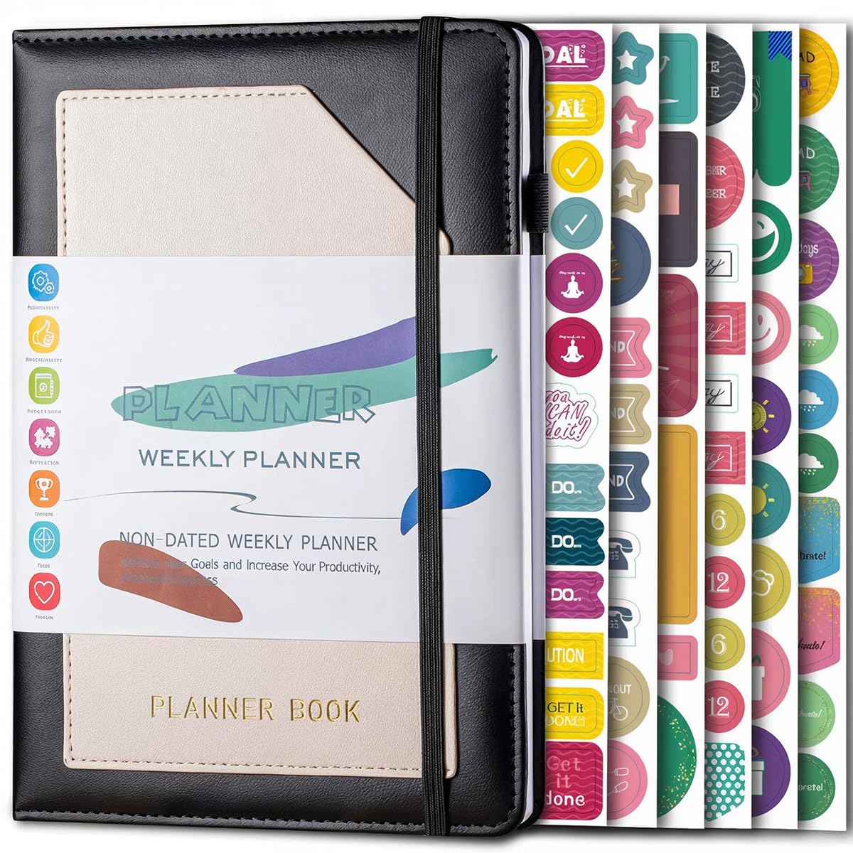 GuaziV 2024-2025 Undated Planner - A5 Daily Weekly Monthly Organizer for Work, School & Personal Tasks - Start Any Date - Includes 6 Stickers (Dark Black) - Perfect for Productivity, Time Management & Goal Setting