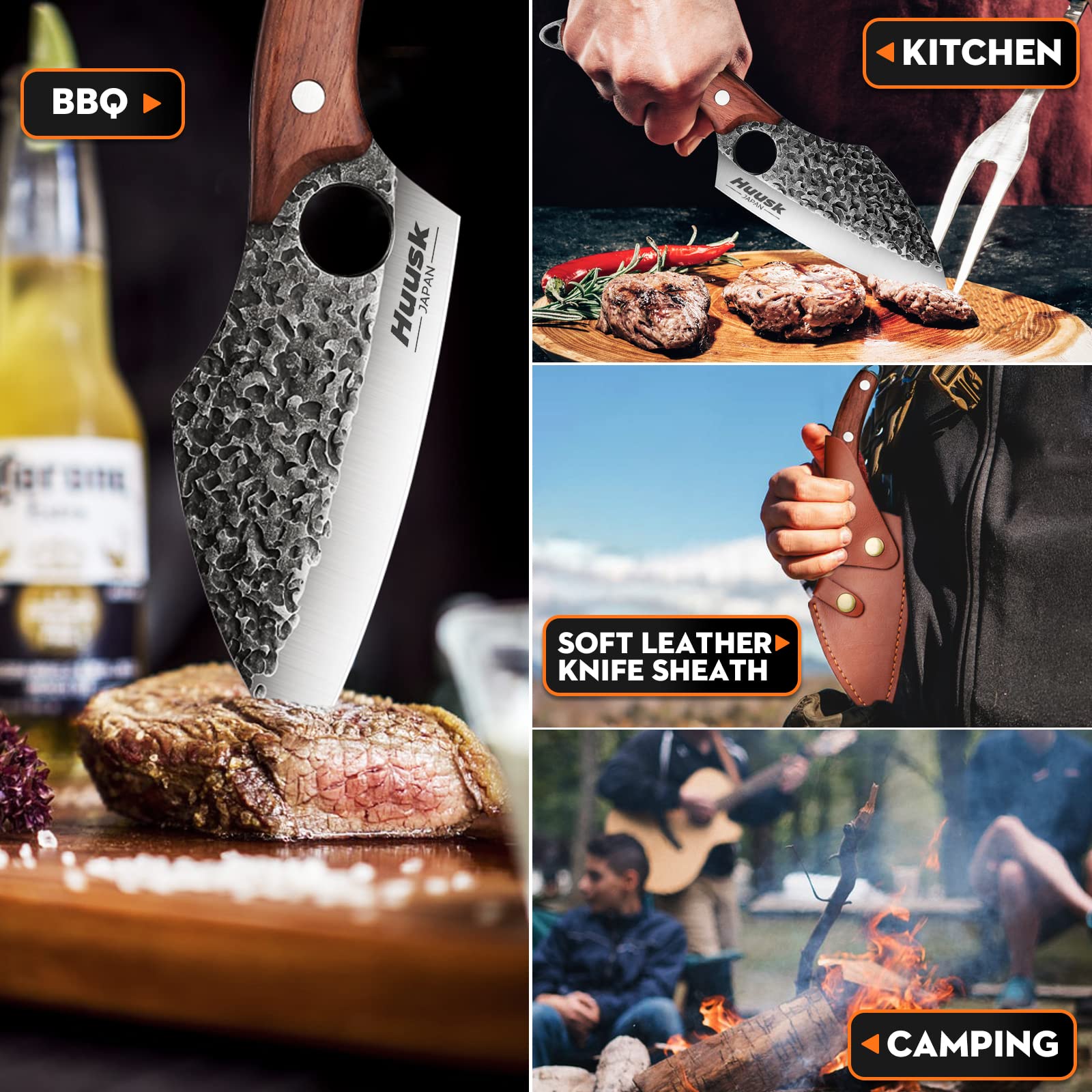 Premium Huusk Japanese Chef Knife Set with Leather Sheath - Razor Sharp Kitchen Knives for Cooking, Camping & Outdoor Adventures - Perfect Gift for Men & Home Chefs