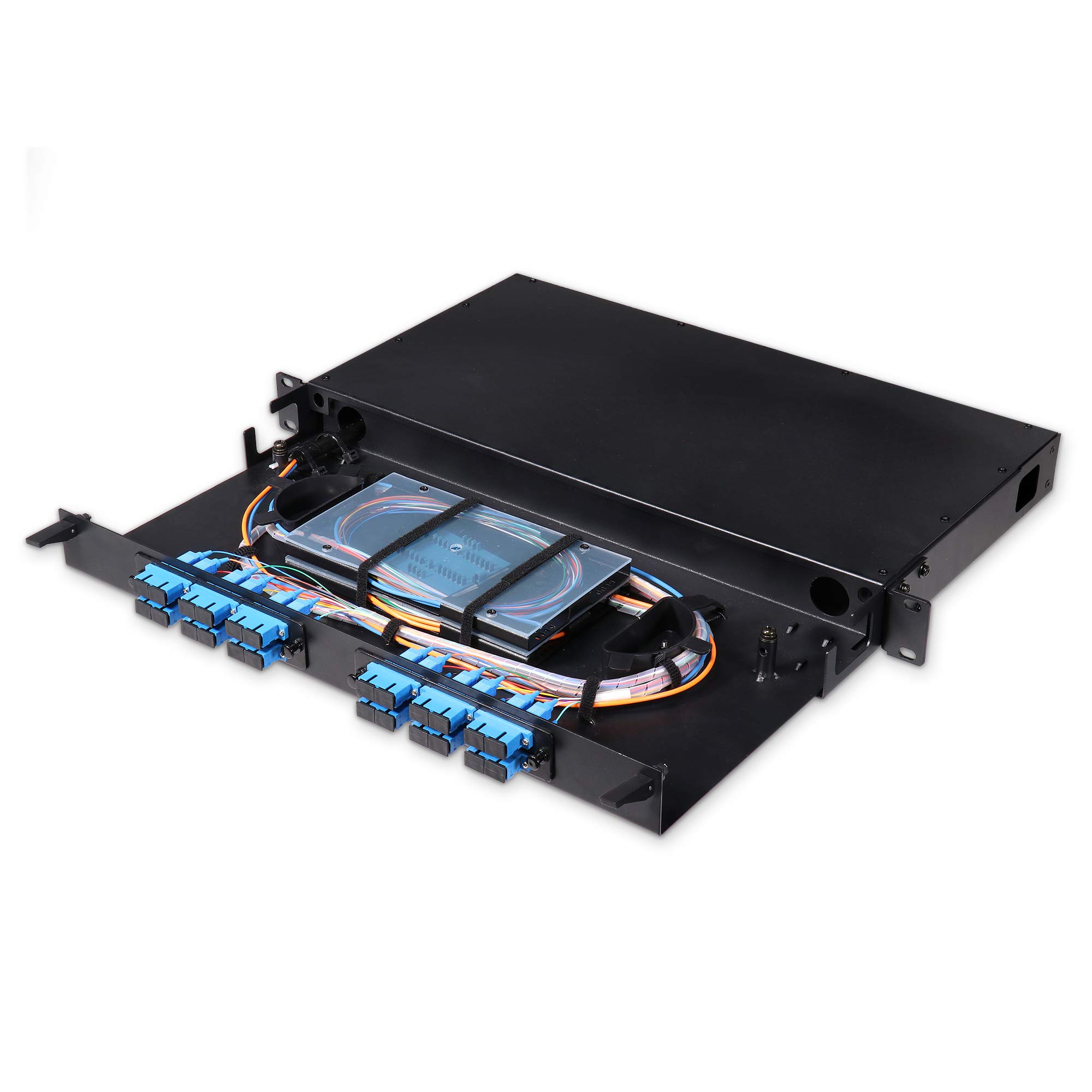 1U Rack Mount Fiber Optic Patch Panel with 2 SC Singlemode & 2 SC Multimode Adapter Plates - Includes Splice Trays for Up to 24 Fibers - Ideal for Data Centers, Server Rooms & Network Installations