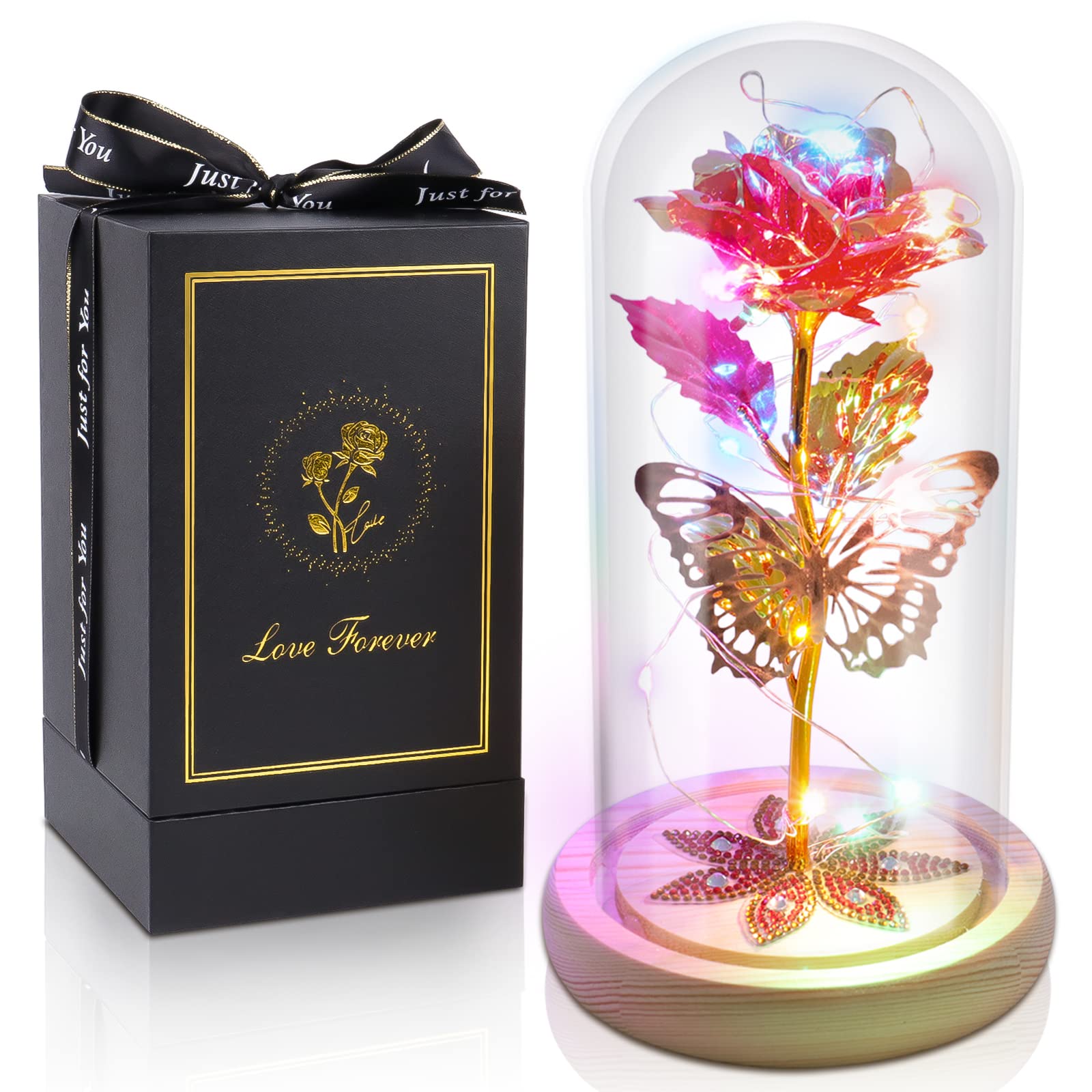 Beferr Preserved Rose in Glass Dome - Eternal Artificial Flower Gift for Women, Mom, Wife, Grandma, Daughter (Red) | Birthday, Mother's Day, Anniversary Present | Home Decor, Wedding Centerpiece, Romantic Gift Idea